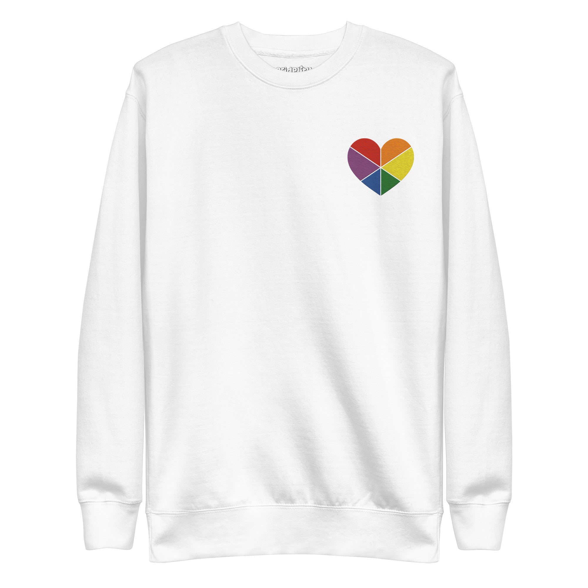 Introducing the Pride Heart Sweatshirt by Pridelity, a white sweatshirt from our pride collection. It showcases a small, multicolored heart graphic on the upper left chest. The heart is divided into sections with rainbow colors, making it an ideal staple for your pride outfit.