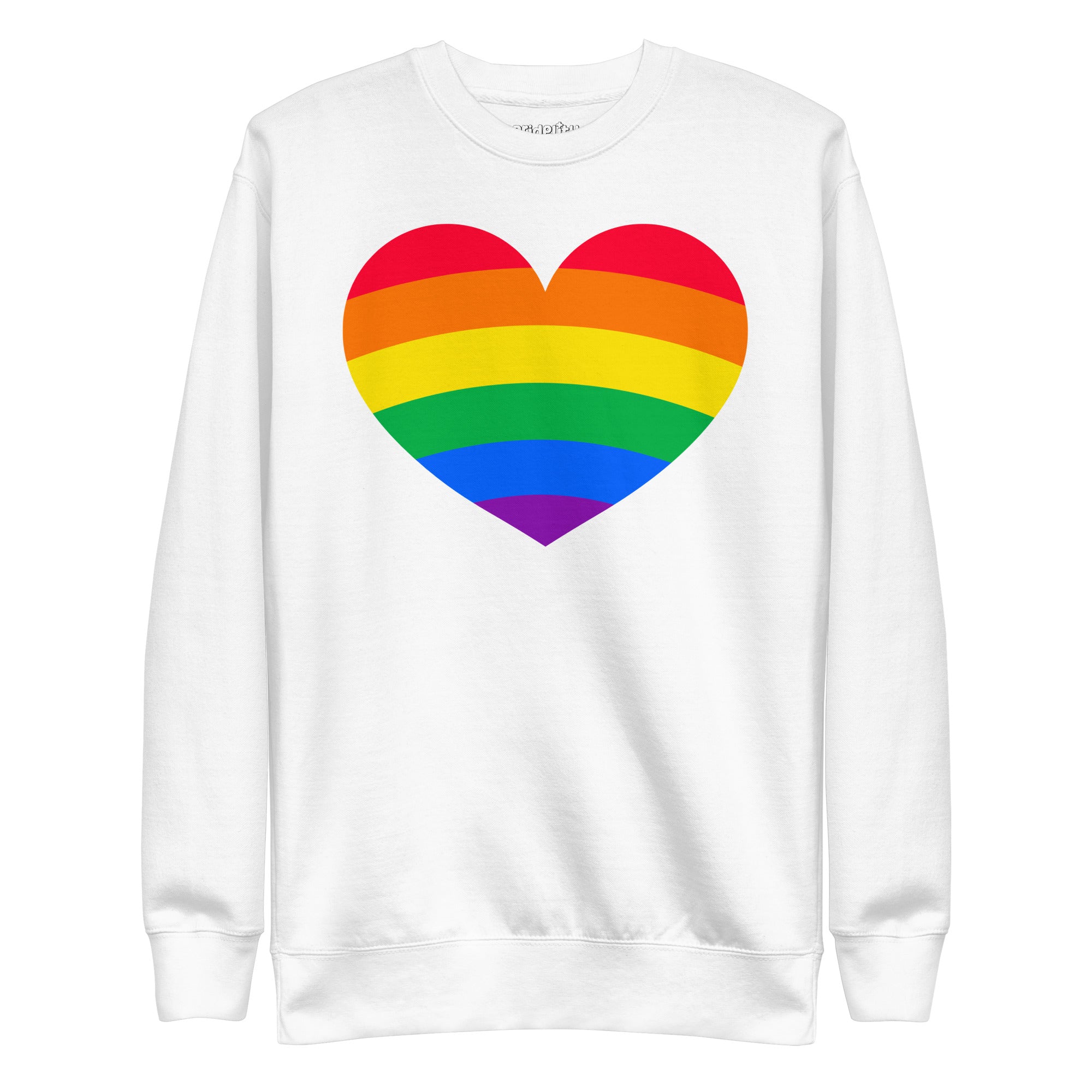 The Big Heart Sweatshirt by Pridelity from the Pride Collection showcases a large heart design with rainbow stripes, symbolizing LGBTQ+ pride. This vibrant heart design beautifully contrasts with the gray fabric background.