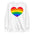 The Big Heart Sweatshirt by Pridelity from the Pride Collection showcases a large heart design with rainbow stripes, symbolizing LGBTQ+ pride. This vibrant heart design beautifully contrasts with the gray fabric background.