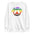 This Pridelity "Peace & Love" Sweatshirt in white showcases a vibrant rainbow "Peace and Love" text over a large peace symbol with gradient colors.