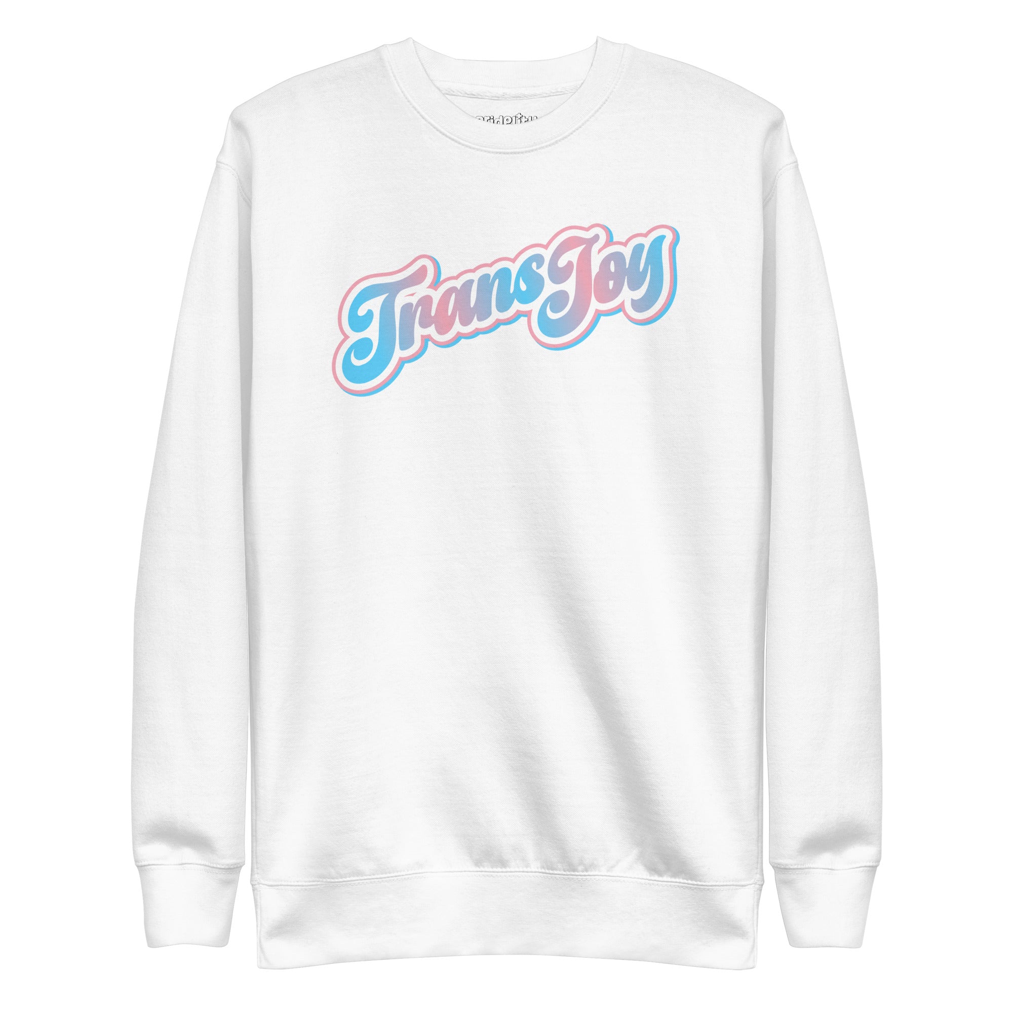 Introducing the Trans Joy Sweatshirt by Pridelity, a white sweatshirt from our pride collection adorned with the words 