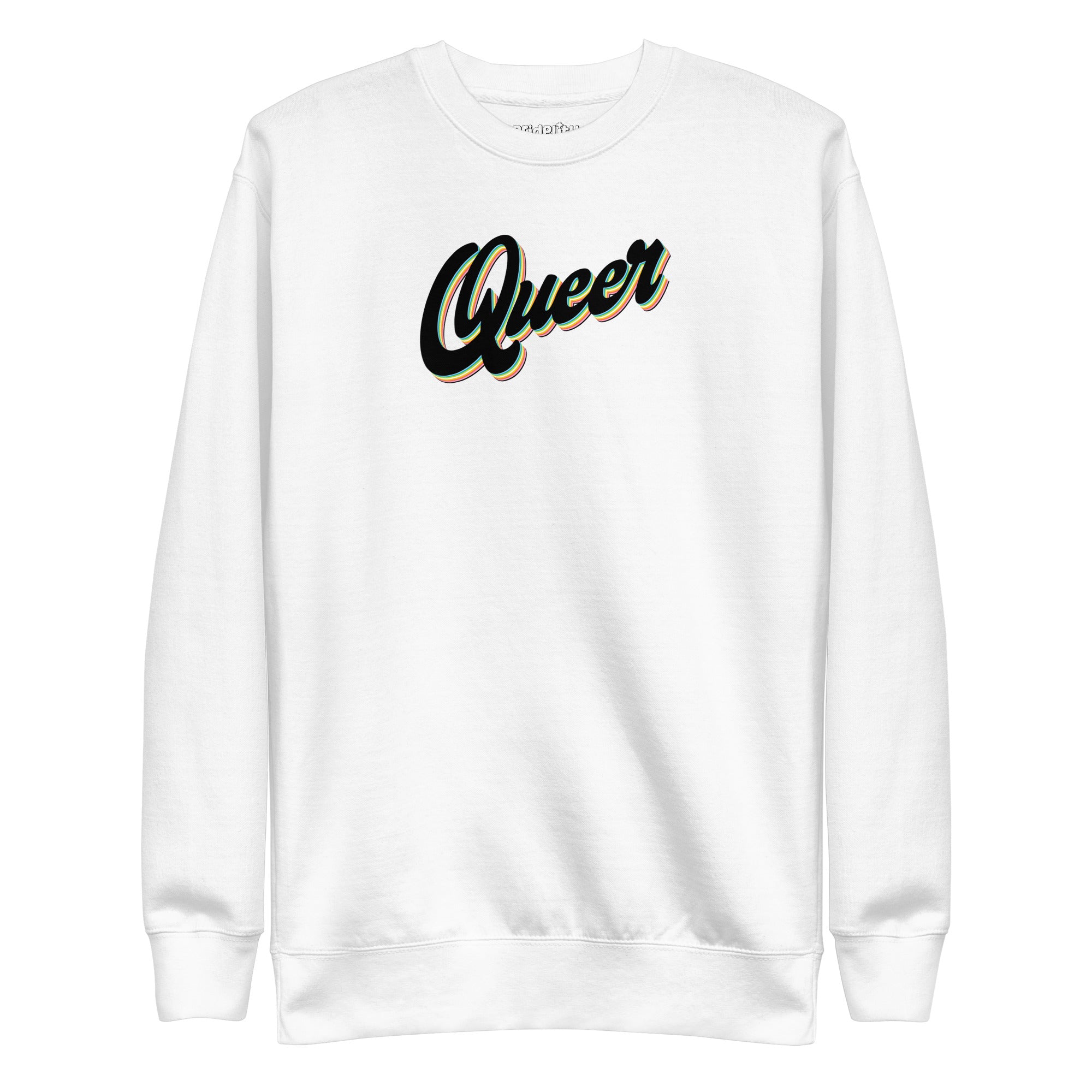 The Carbon Grey Queer Sweatshirt from Pridelity's pride collection showcases the word 