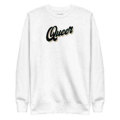 The Carbon Grey Queer Sweatshirt from Pridelity's pride collection showcases the word "Queer" in a stylized, cursive black font with white and yellow outlines across the chest.