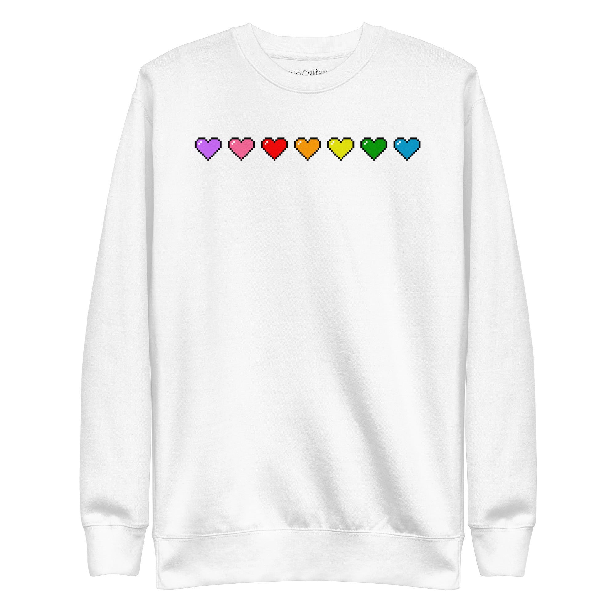 The Pixel Hearts Sweatshirt by Pridelity showcases a series of eight pixelated hearts in lively pride hues—purple, pink, red, orange, yellow, green, blue, and teal—across the chest on a carbon grey backdrop.