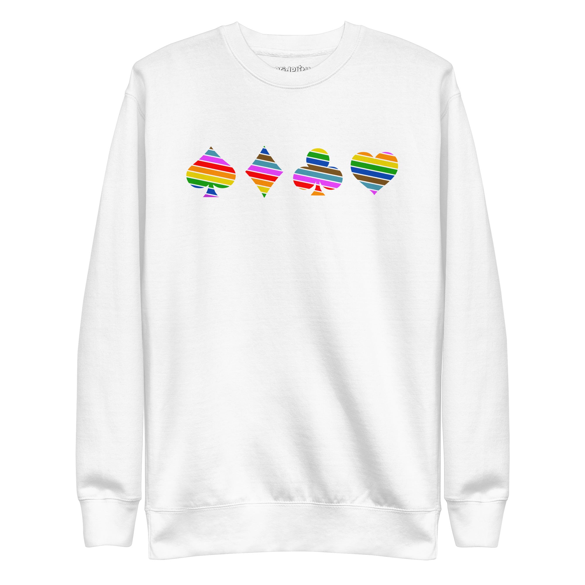 The white Deck Of Pride Sweatshirt by Pridelity showcases vibrant, rainbow-colored playing card suit symbols—spade, diamond, club, and heart—across the chest. This lively piece is a perfect addition to any Pride Collection, celebrating love and diversity with each wear.