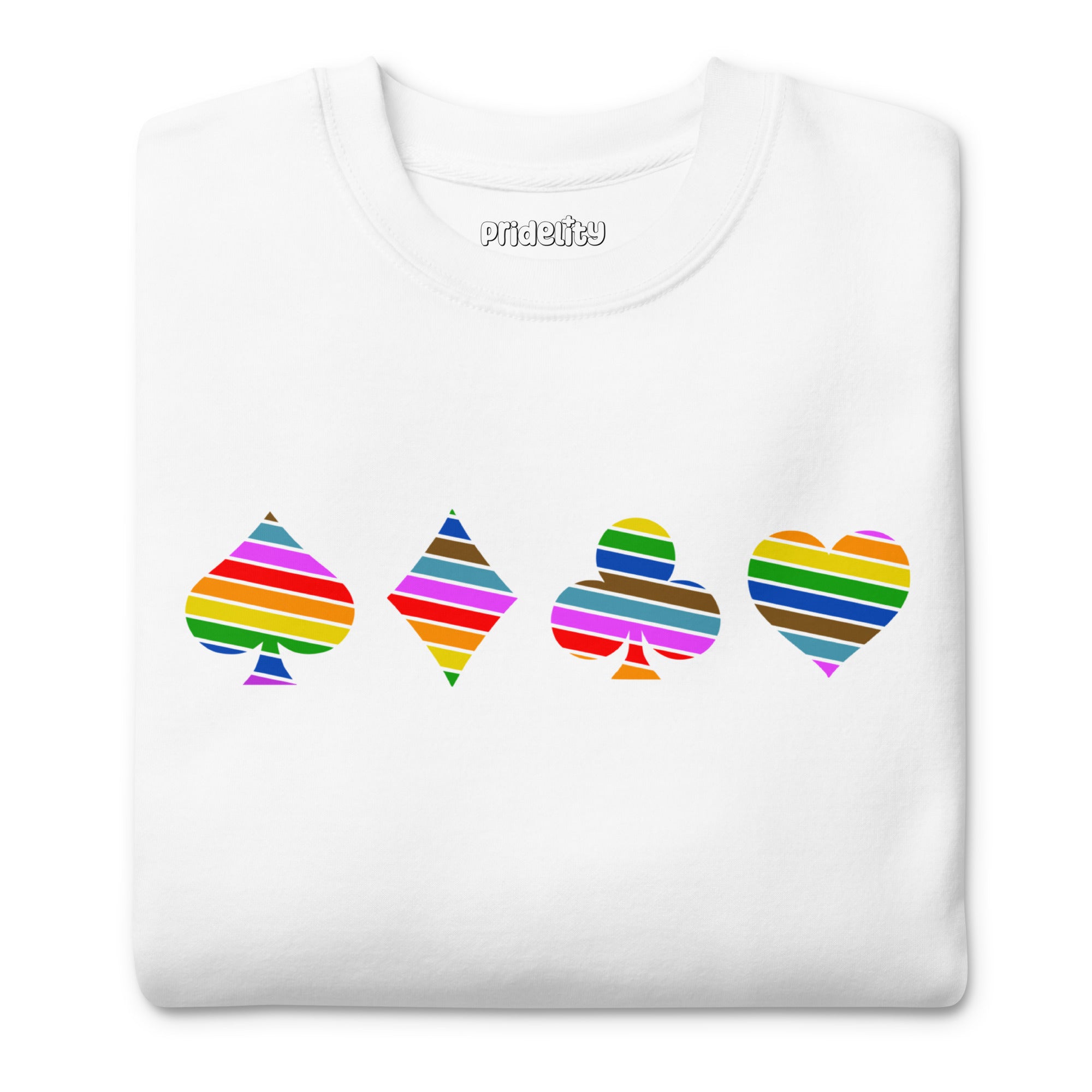 The white Deck Of Pride Sweatshirt by Pridelity showcases vibrant, rainbow-colored playing card suit symbols—spade, diamond, club, and heart—across the chest. This lively piece is a perfect addition to any Pride Collection, celebrating love and diversity with each wear.