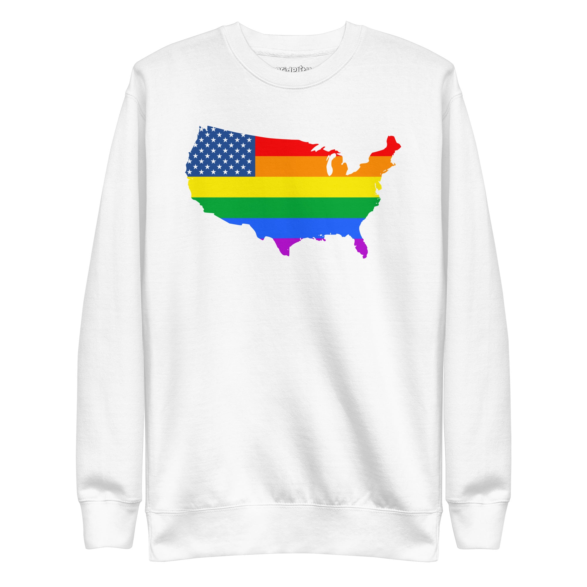 Introducing the US Map Pride Sweatshirt from Pridelity: a stylish black sweatshirt featuring a vibrant rainbow flag design overlaid on a graphic of the United States map. The top left corner highlights blue and white stars, reminiscent of the American flag, making it an ideal choice for anyone seeking fashionable pride apparel.