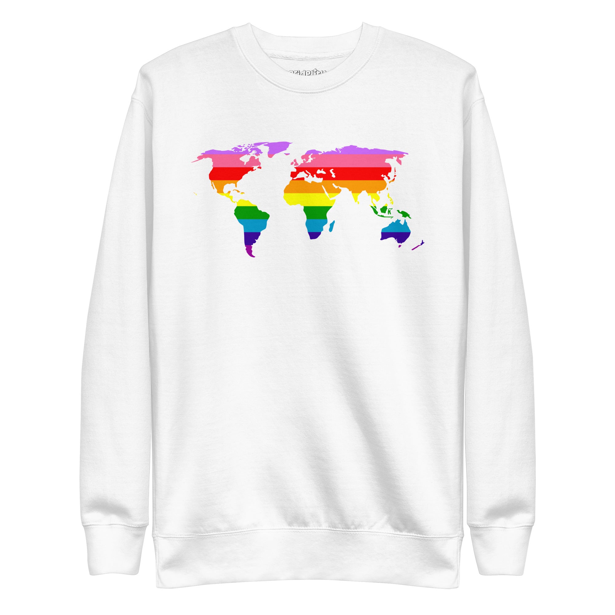 Introducing the World Pride Sweatshirt from Pridelity—a black sweatshirt that showcases a striking world map design in rainbow colors across the chest, celebrating LGBTQ+ pride.