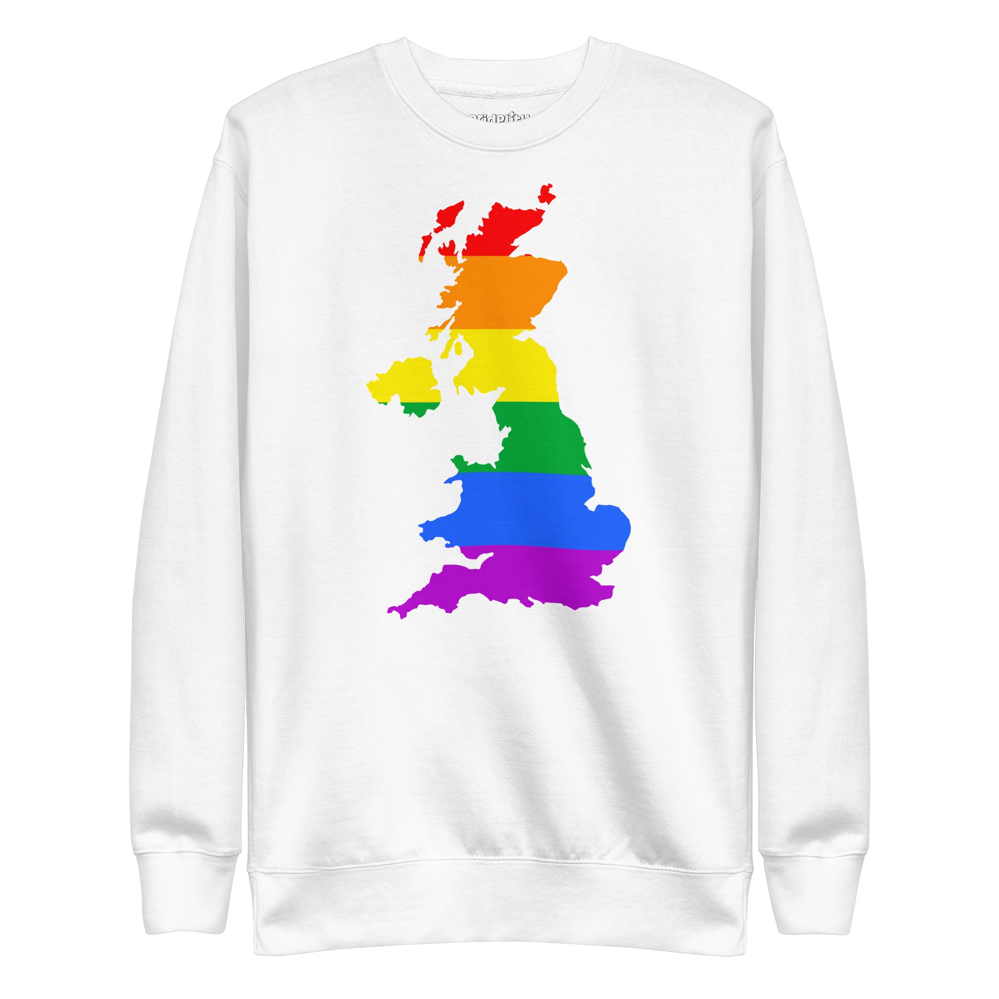 Introducing the British Isles Pride Sweatshirt from Pridelity's Pride Collection: a stylish black sweatshirt featuring an outline of Great Britain adorned with vibrant rainbow stripes in celebration of the LGBTQ+ pride flag.