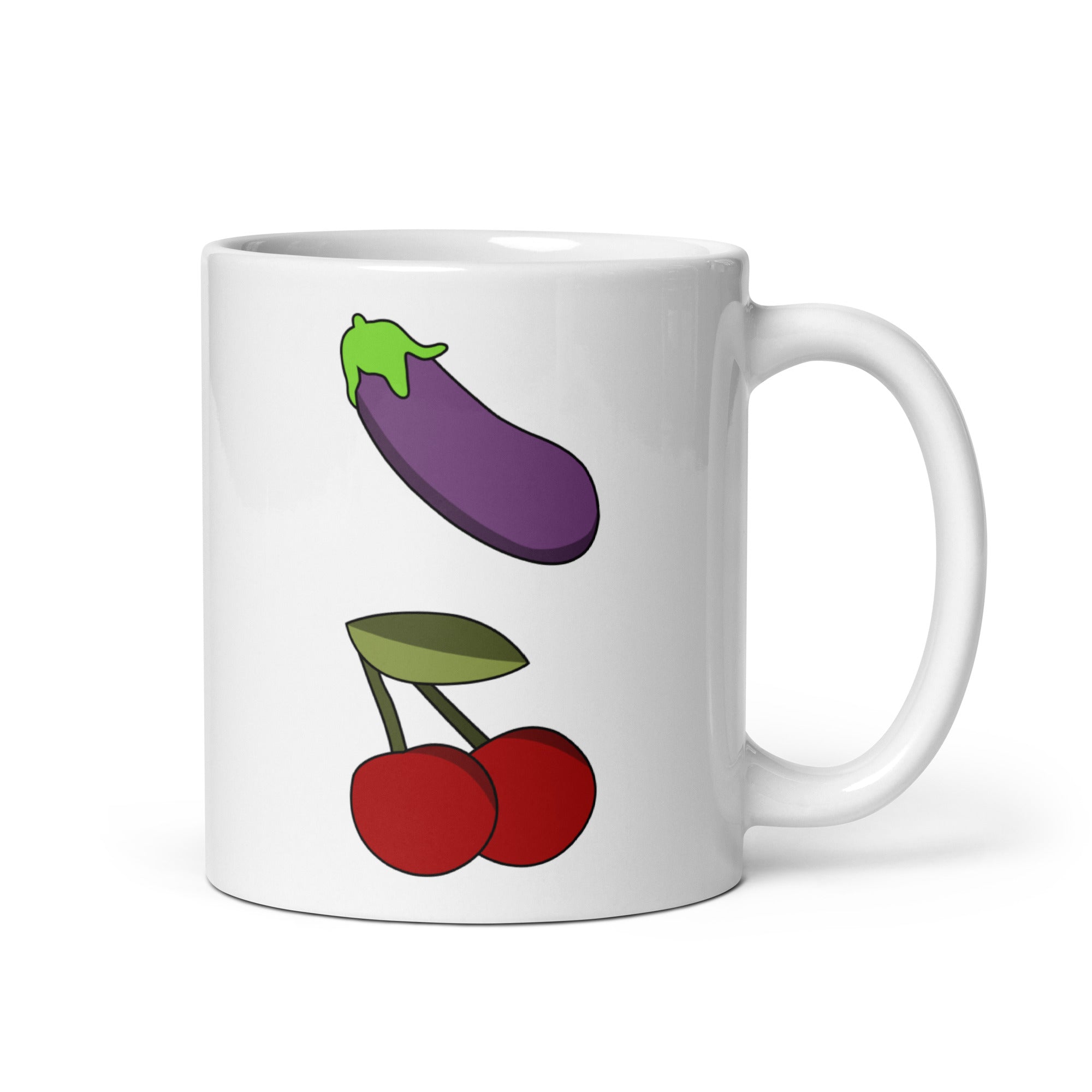 Yummy Emojis Mug by Pridelity from the Pride Collection 2025, showcasing a playful design with a cartoon eggplant and two cherries.