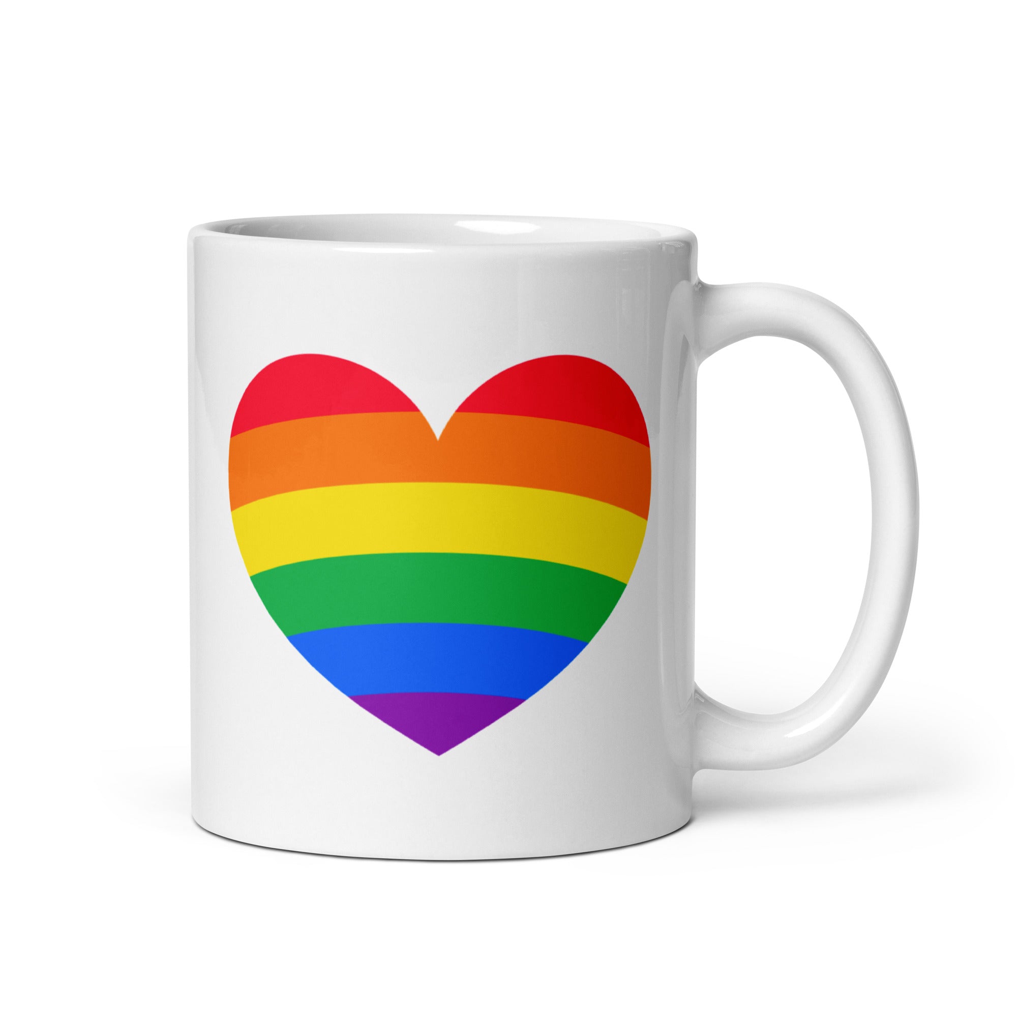 The Pride Heart Mug by Pridelity is a white mug from the Pride Collections 2025, adorned with a rainbow heart design on its side. The heart displays horizontal stripes in red, orange, yellow, green, blue, and purple to celebrate the colors of the LGBTQ+ pride flag.