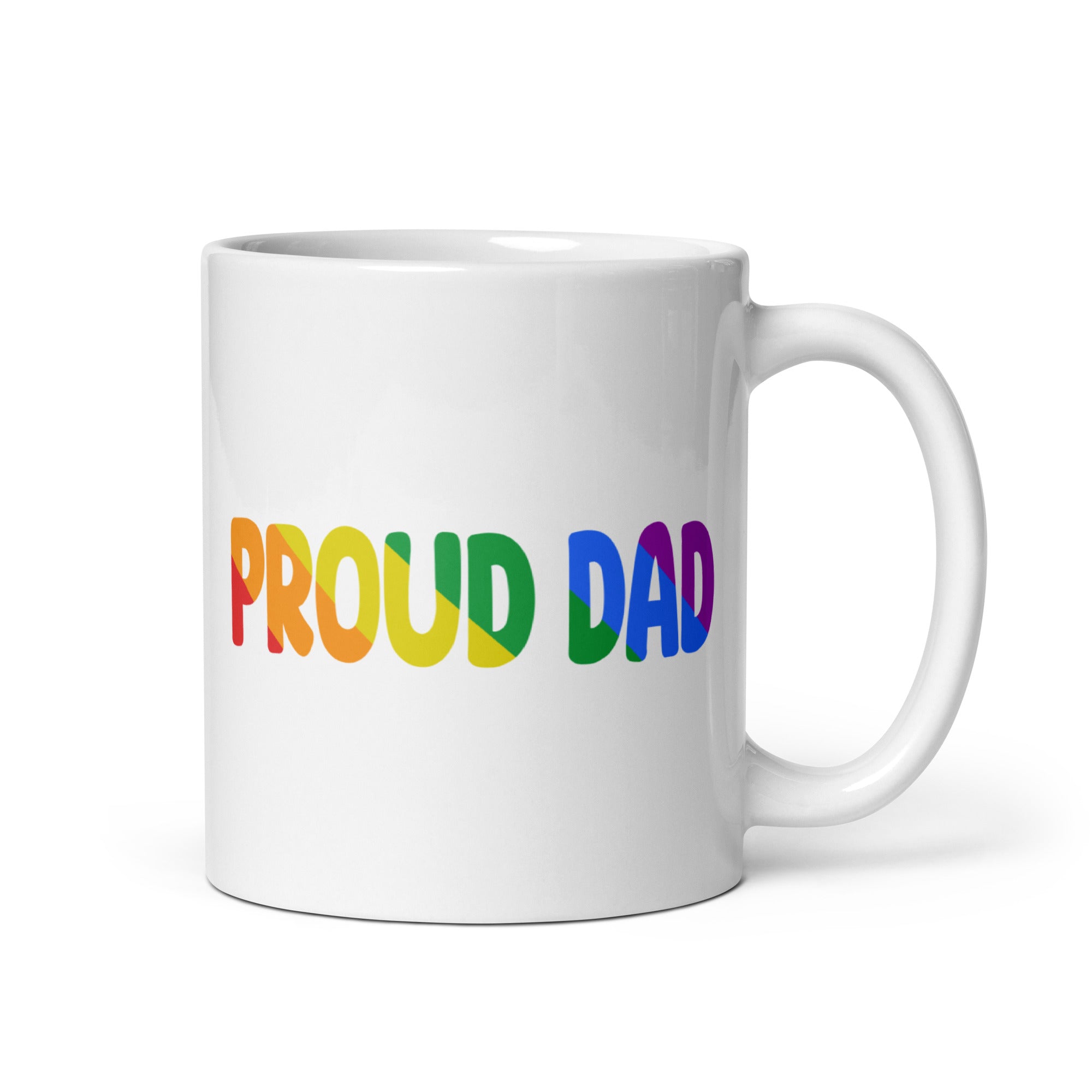 The Proud Dad Mug by Pridelity showcases the words 