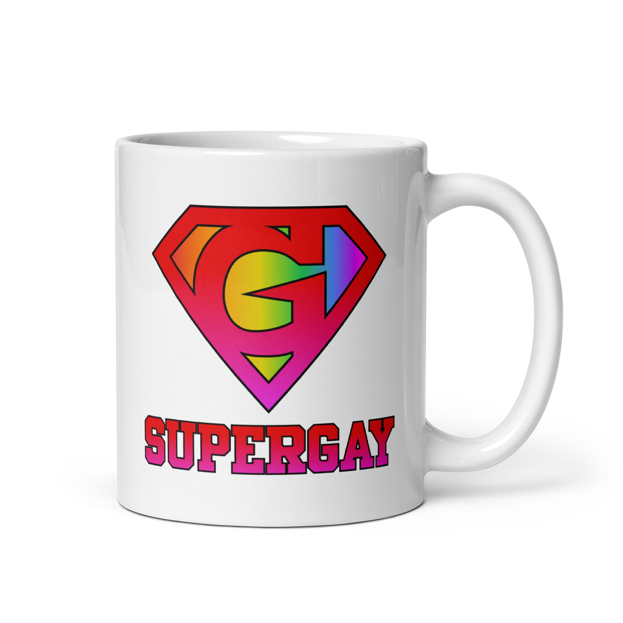 A white Supergay Mug from Pridelity's Pride Collections 2025, showcasing a rainbow-colored emblem resembling a superhero logo with the word 