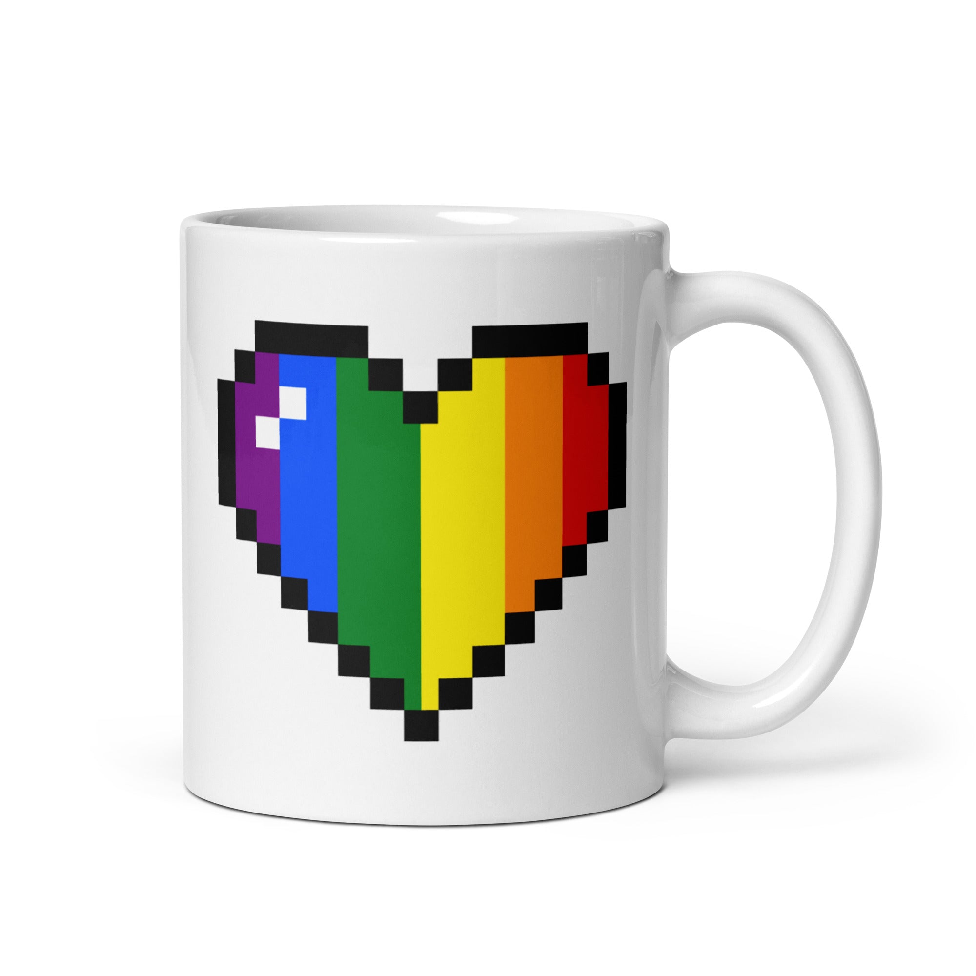 Introducing the Pixel Rainbow Mug from Pridelity's Pride Collections 2025, featuring a pixelated heart in vivid rainbow colors. This white mug showcases shades of purple, blue, green, yellow, orange, and red to symbolize diversity and inclusivity. Its simple yet classic design makes it a perfect celebration of unity.