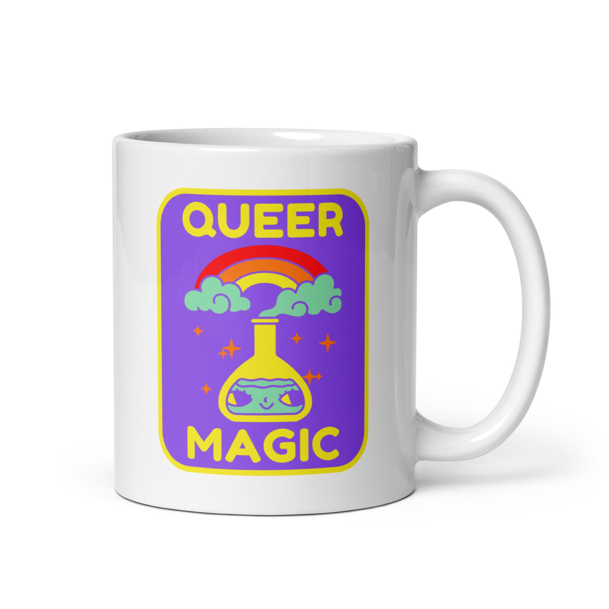 The Queer Magic Mug by Pridelity from the Pride Collection 2025 features a vibrant design. A purple backdrop highlights a flask adorned with a rainbow and clouds, emitting sparkles, while bold yellow letters spell out 