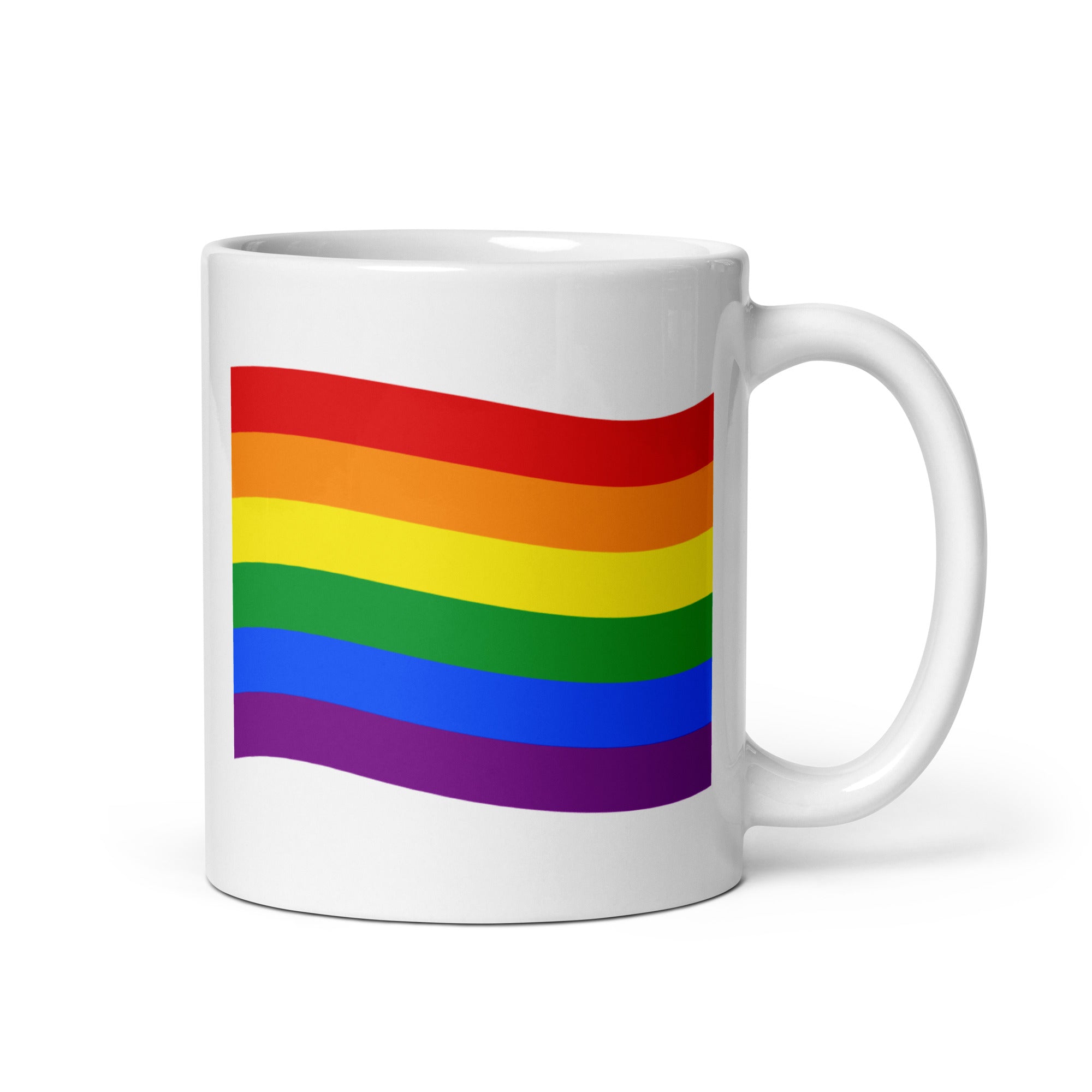 Introducing the Pridelity Pride Flag Mug, a white mug from the Pride Collections 2025 designed with a vivid rainbow flag showcasing horizontal stripes of red, orange, yellow, green, blue, and purple.