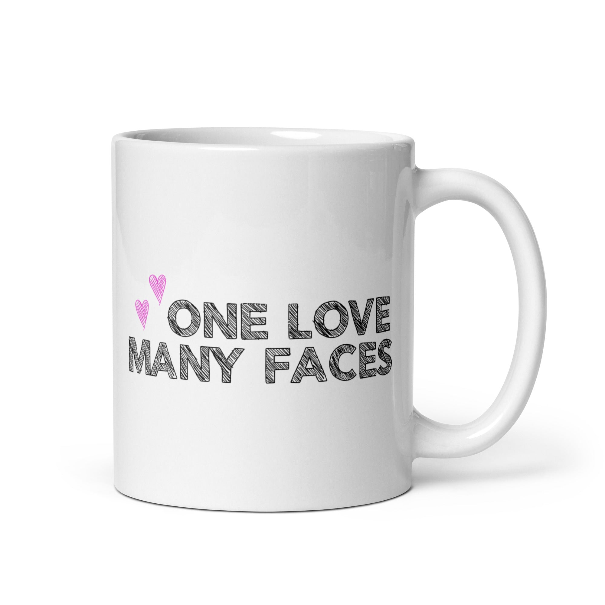 The One Love Many Faces Mug by Pridelity, part of the Pride Collections 2025, showcases the phrase 