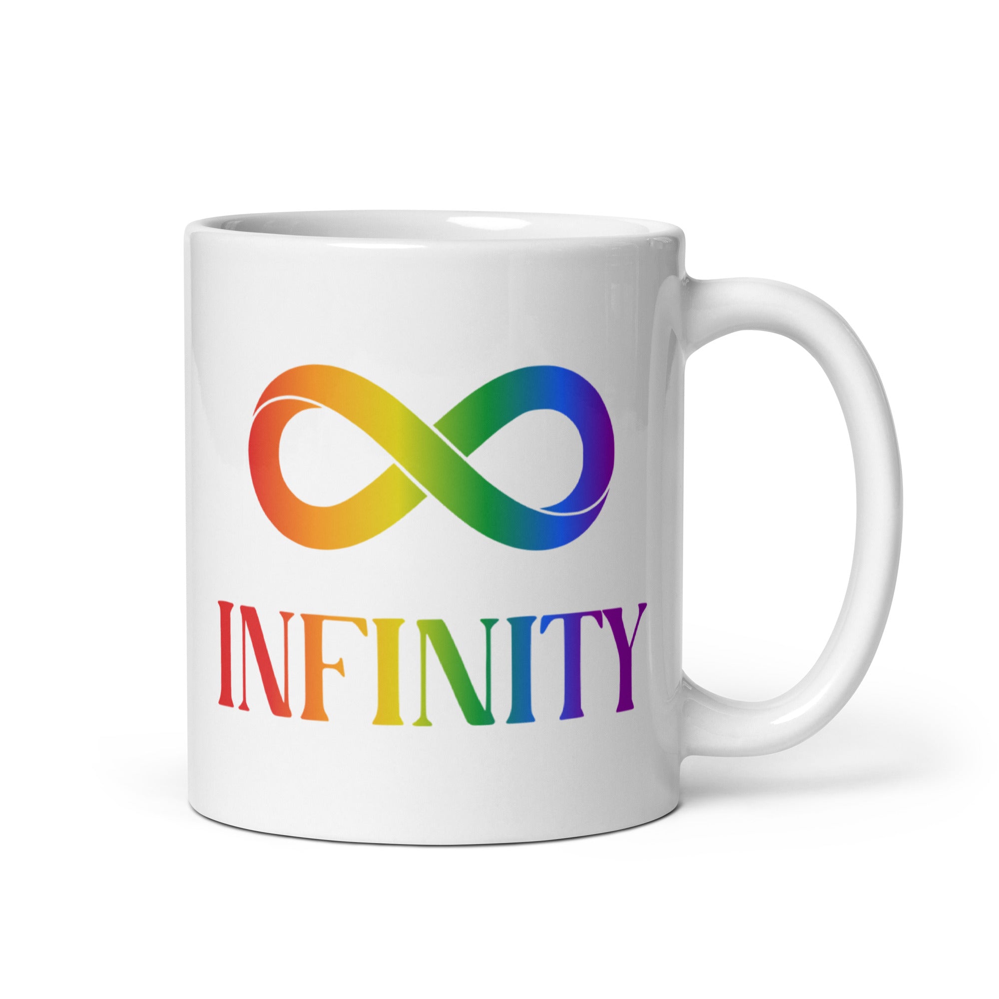 The Infinity Mug by Pridelity showcases a vibrant infinity symbol above the word 