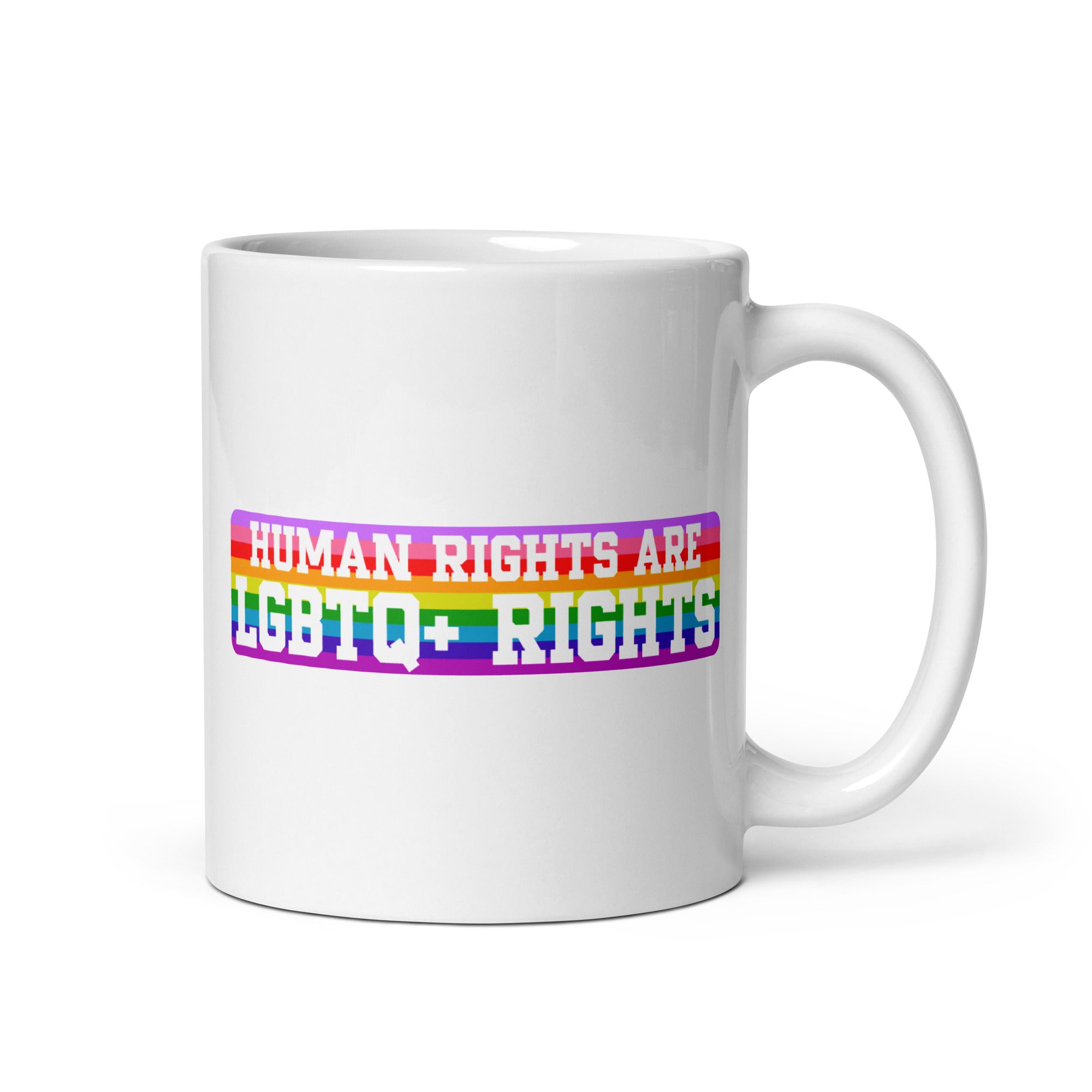 Pridelity's LGBTQ+ Rights Mug, featuring a vibrant rainbow design and the phrase 