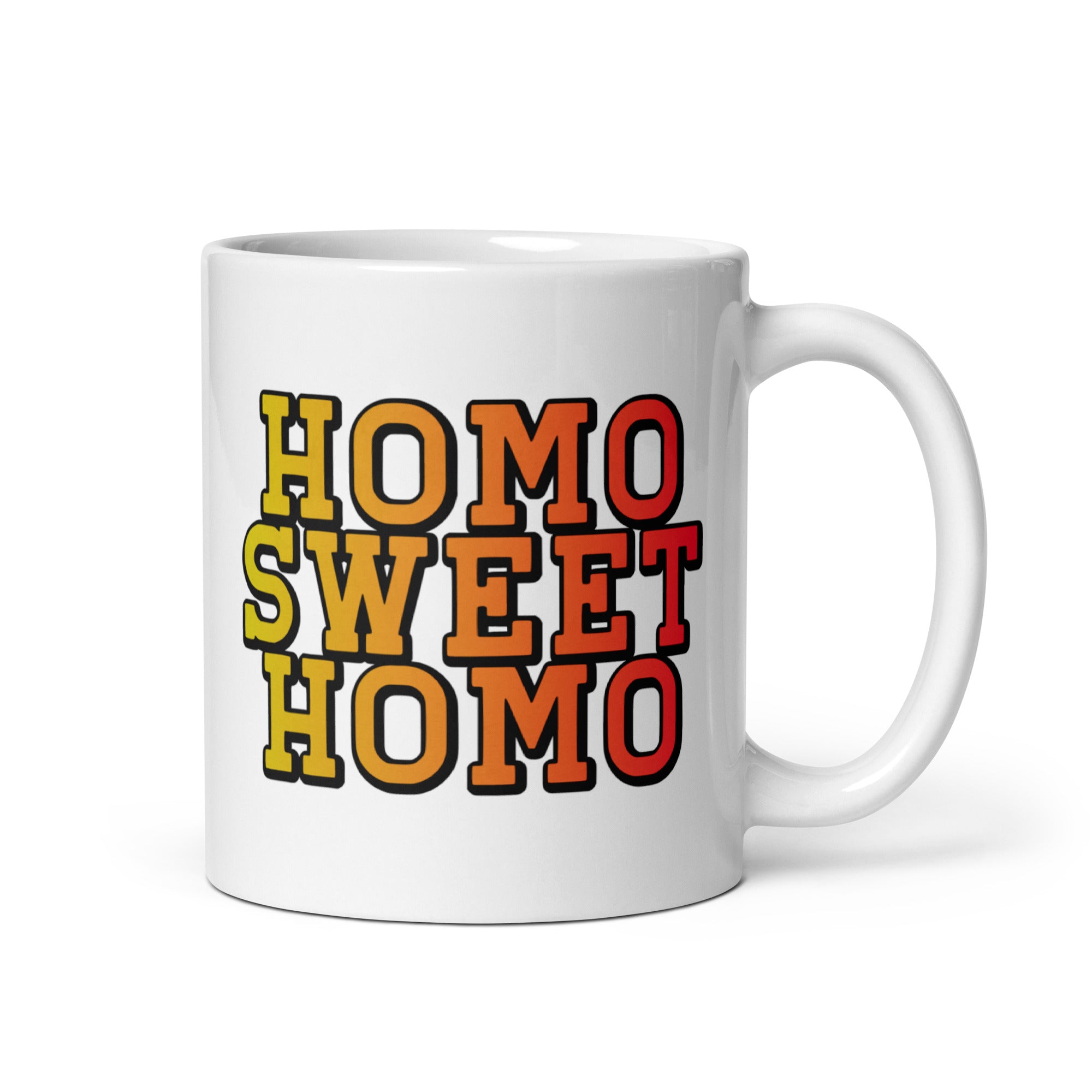 The Homo Sweet Homo Mug by Pridelity features colorful gradient text that reads 