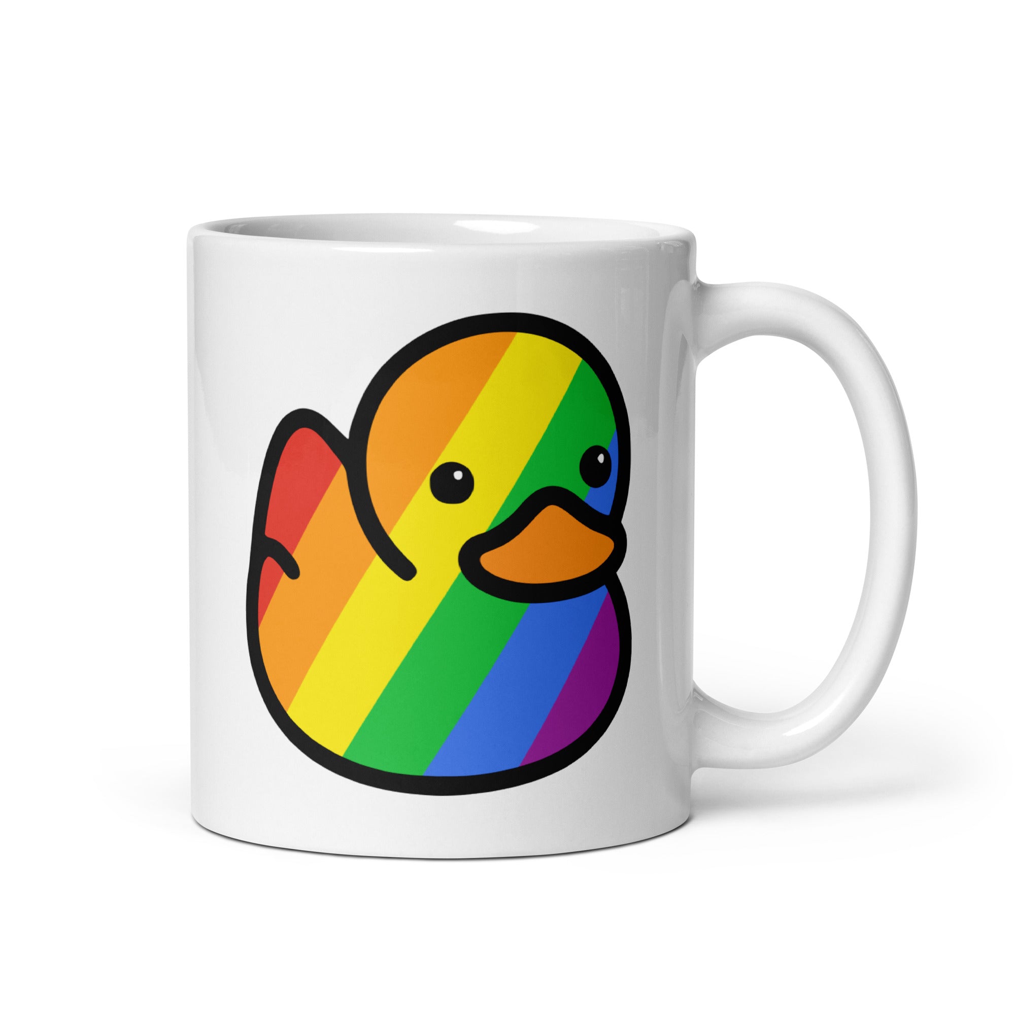 The Pride Duck Mug by Pridelity, from the Pride Collections 2025, showcases a cartoon rubber duck with a rainbow-colored body. The cute and simple design includes black outlines and an orange beak.