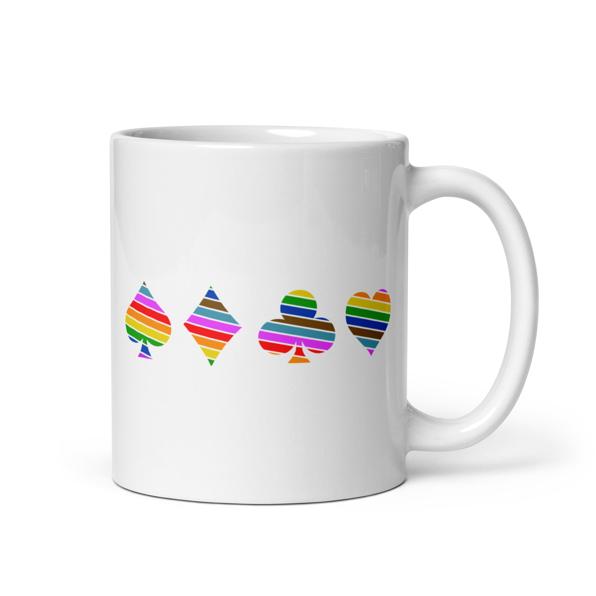 The Deck Of Pride Mug by Pridelity showcases colorful, striped designs of playing card suits—spade, diamond, club, and heart—lined up horizontally on a white background. This vibrant piece is part of our exclusive Pride Collections, celebrating diversity with every sip.