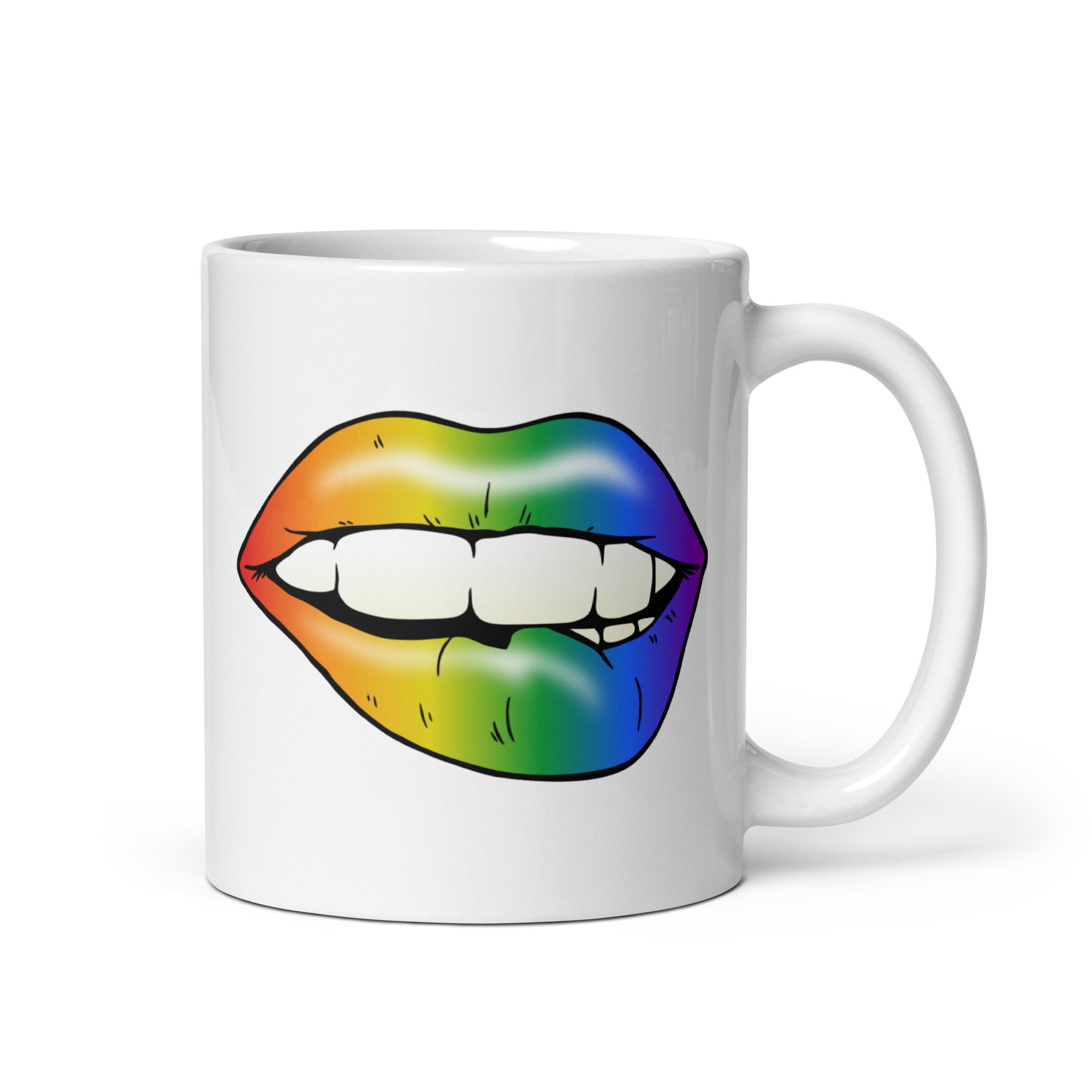 Explore Pridelity's 2025 pride collection with the Flirty Lips Mug, featuring an illustration of lips embellished in a vibrant rainbow gradient on a white background.