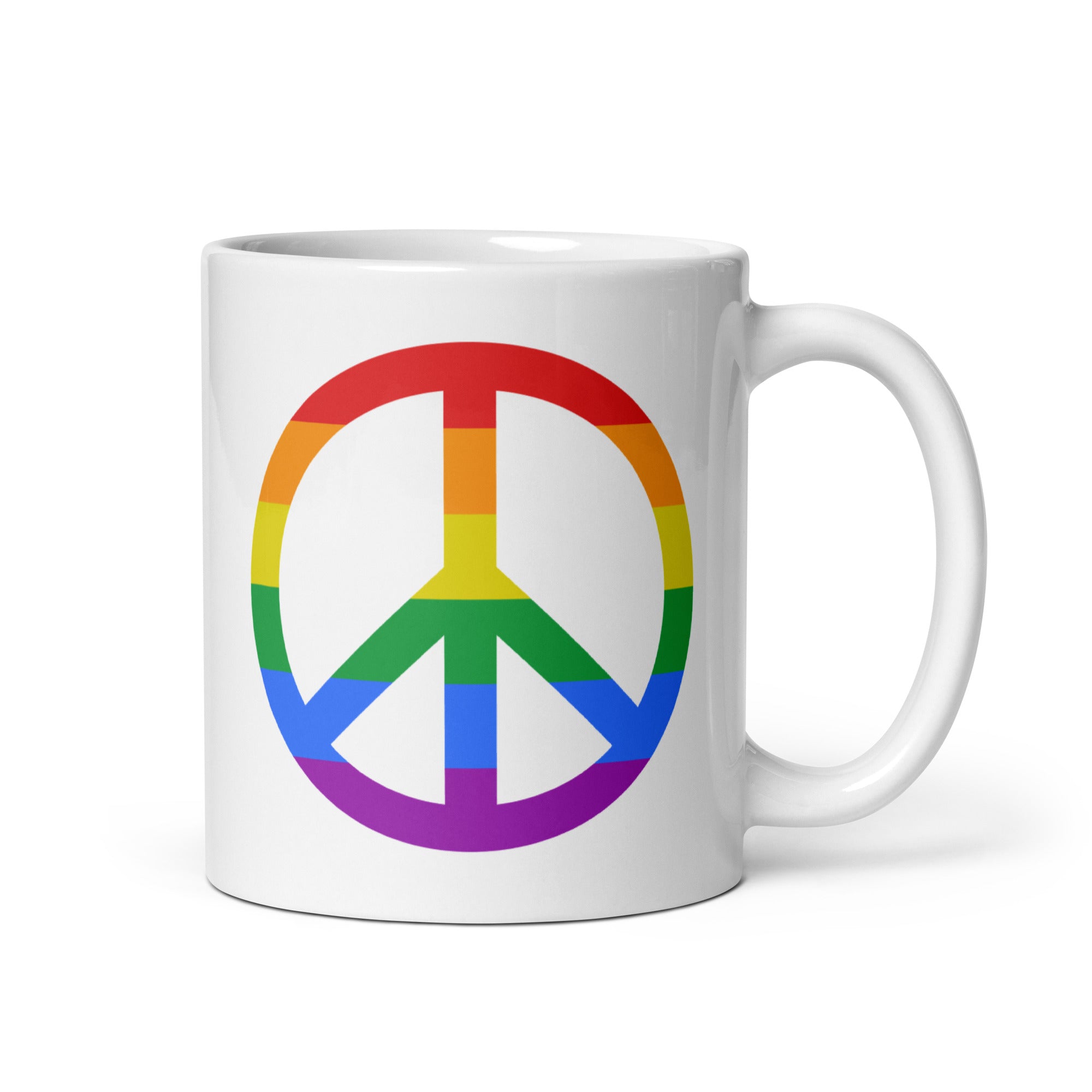 The Peace Mug by Pridelity from the Pride Collections 2025 showcases a vibrant, rainbow-colored peace symbol on its side and comes in white.