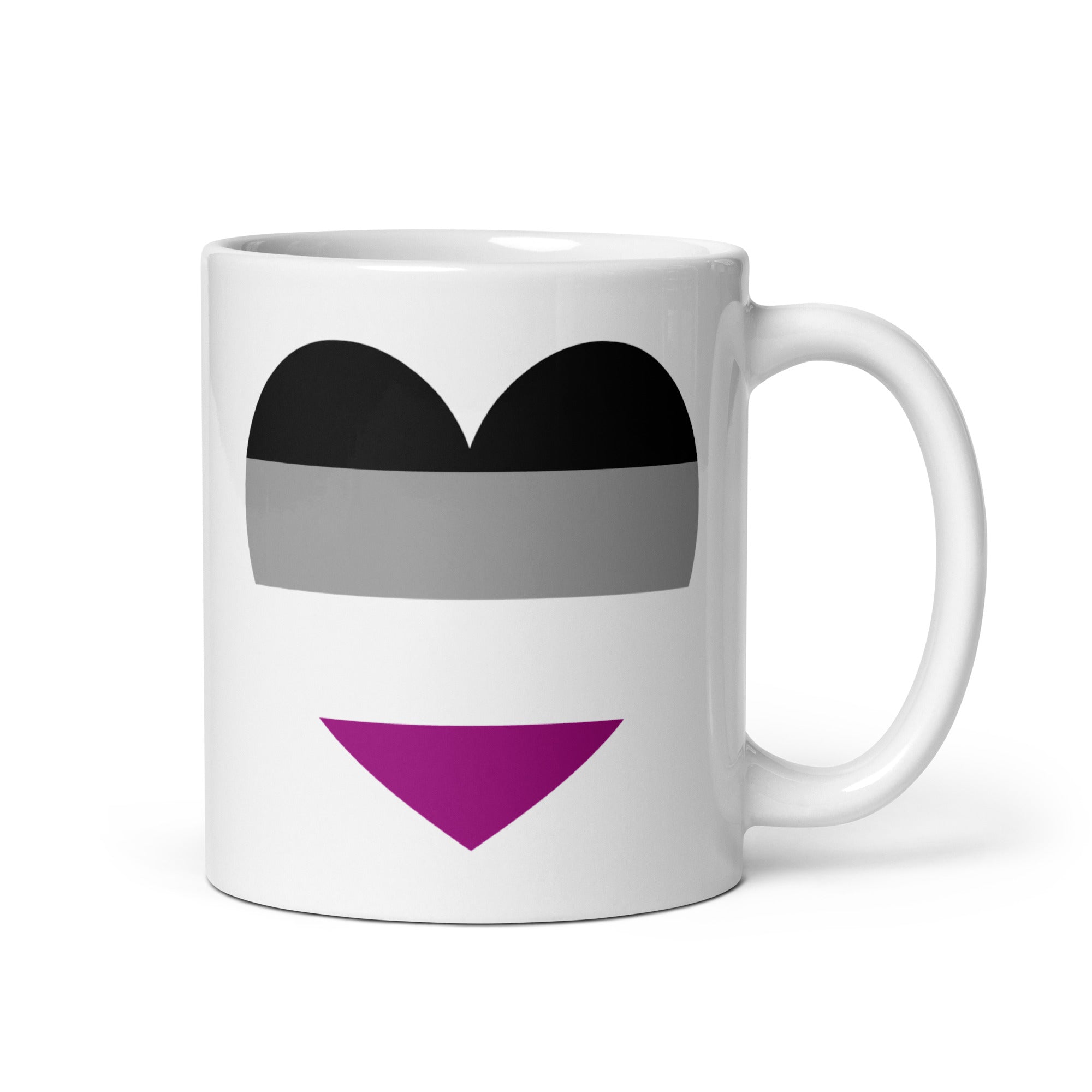 The Asexual Heart Mug by Pridelity, part of our Pride Collections, showcases a design with an upside-down black heart, a gray stripe, and an upright purple heart.