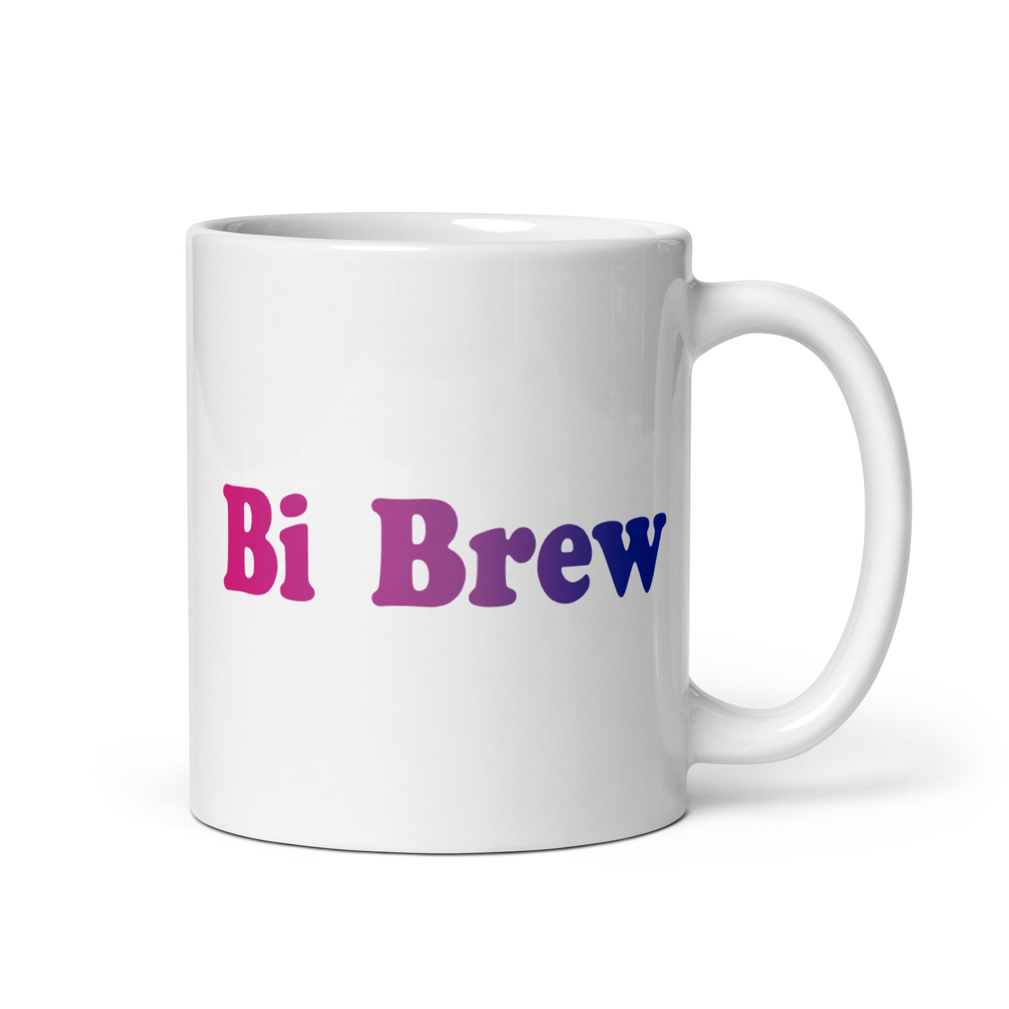 Introducing Pridelity's Bi Brew Mug: a stylish white mug adorned with the vibrant pride colors, featuring pink on the left and blue on the right—a perfect addition to any pride collection.