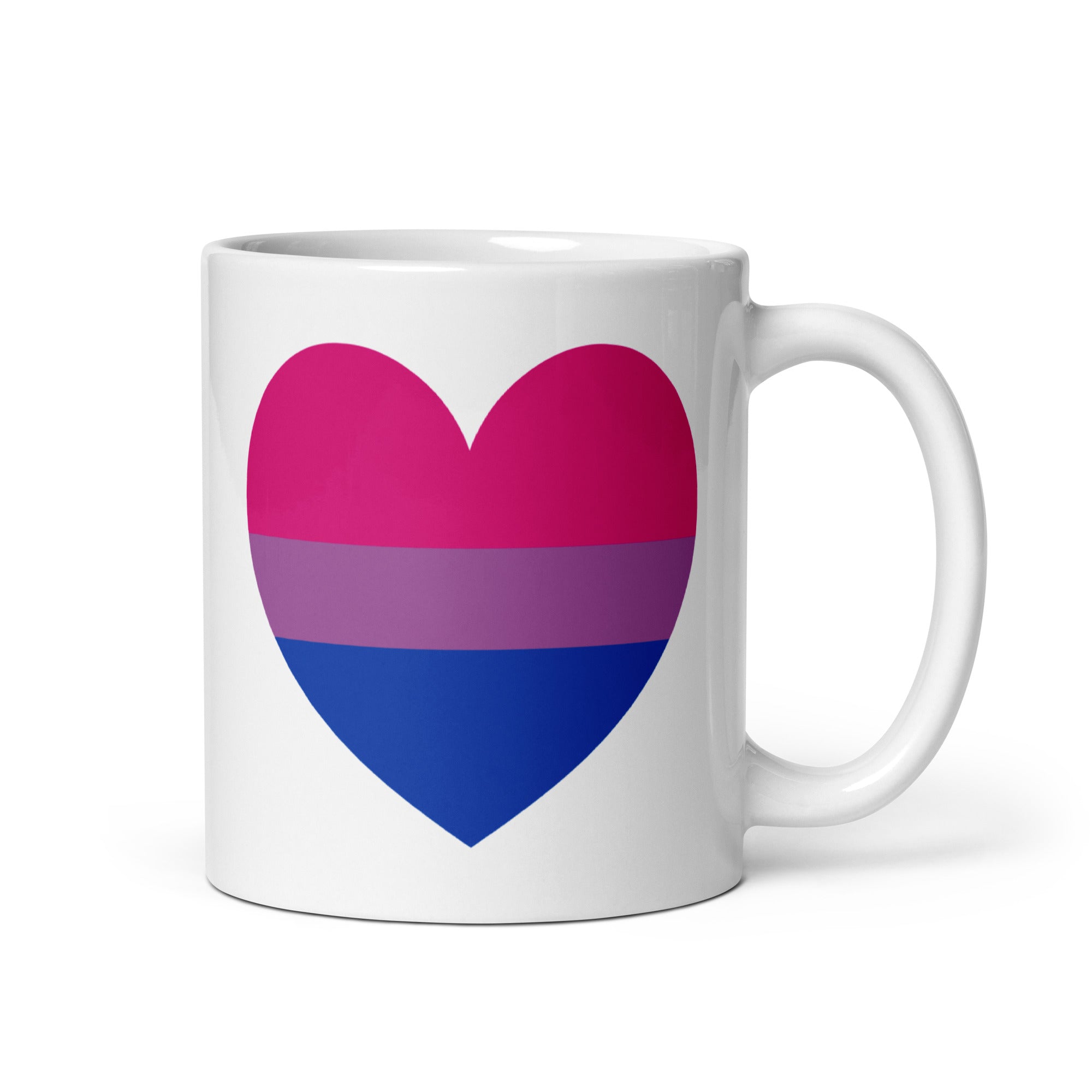 The Bisexual Heart Mug by Pridelity showcases a white mug adorned with a heart bearing horizontal stripes in pink, purple, and blue, symbolizing the bisexual pride flag.