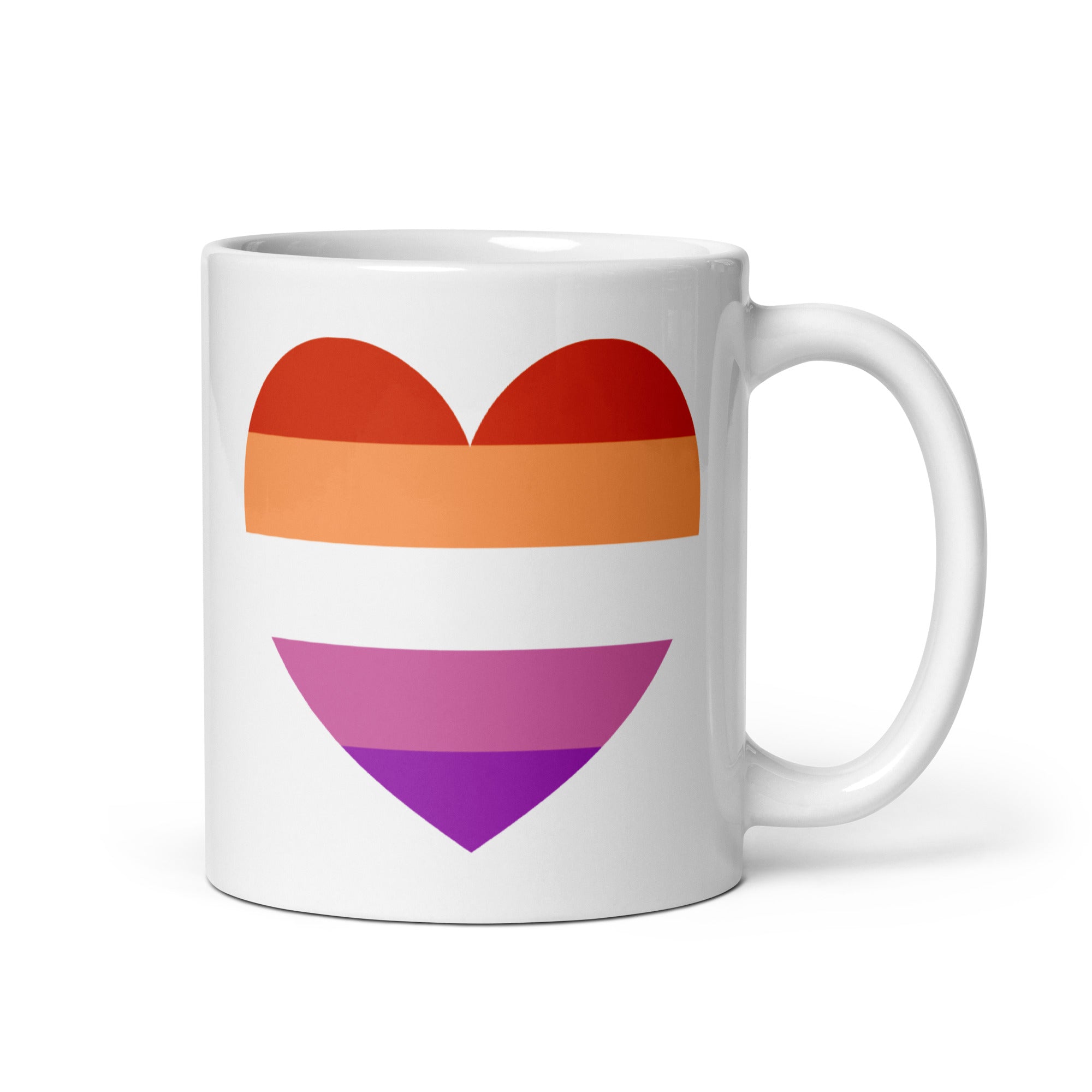 The Pridelity Lesbian Heart Mug features a striking heart design with horizontal stripes in vibrant shades of red, orange, white, and pink. Centered to symbolize inclusivity and diversity, this exclusive piece is a standout in the best Pride collections of 2025.