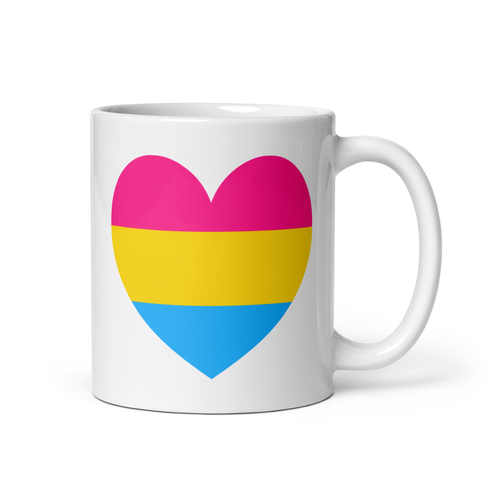 Introducing the Pan Heart Mug by Pridelity, a white cup from the Pride Collections 2025 adorned with a heart design showcasing three horizontal stripes: pink at the top, yellow in the middle, and blue at the bottom.