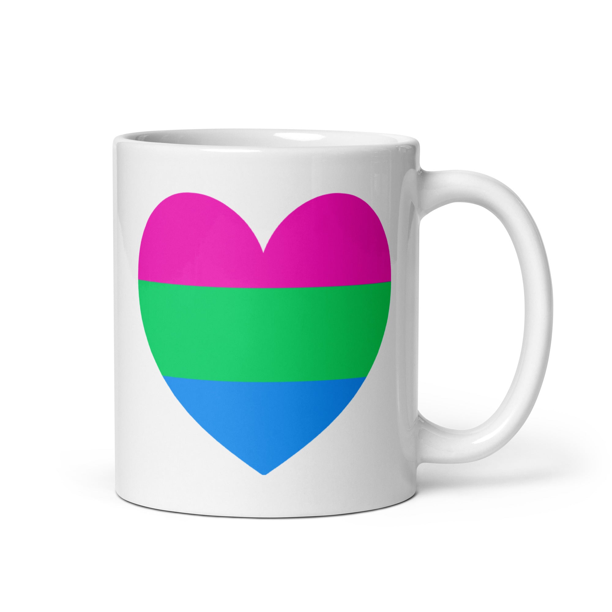 The Polysexual Heart Mug by Pridelity from the Pride Collections 2025 showcases a white design featuring a heart with three horizontal stripes: pink on top, green in the middle, and blue at the bottom.