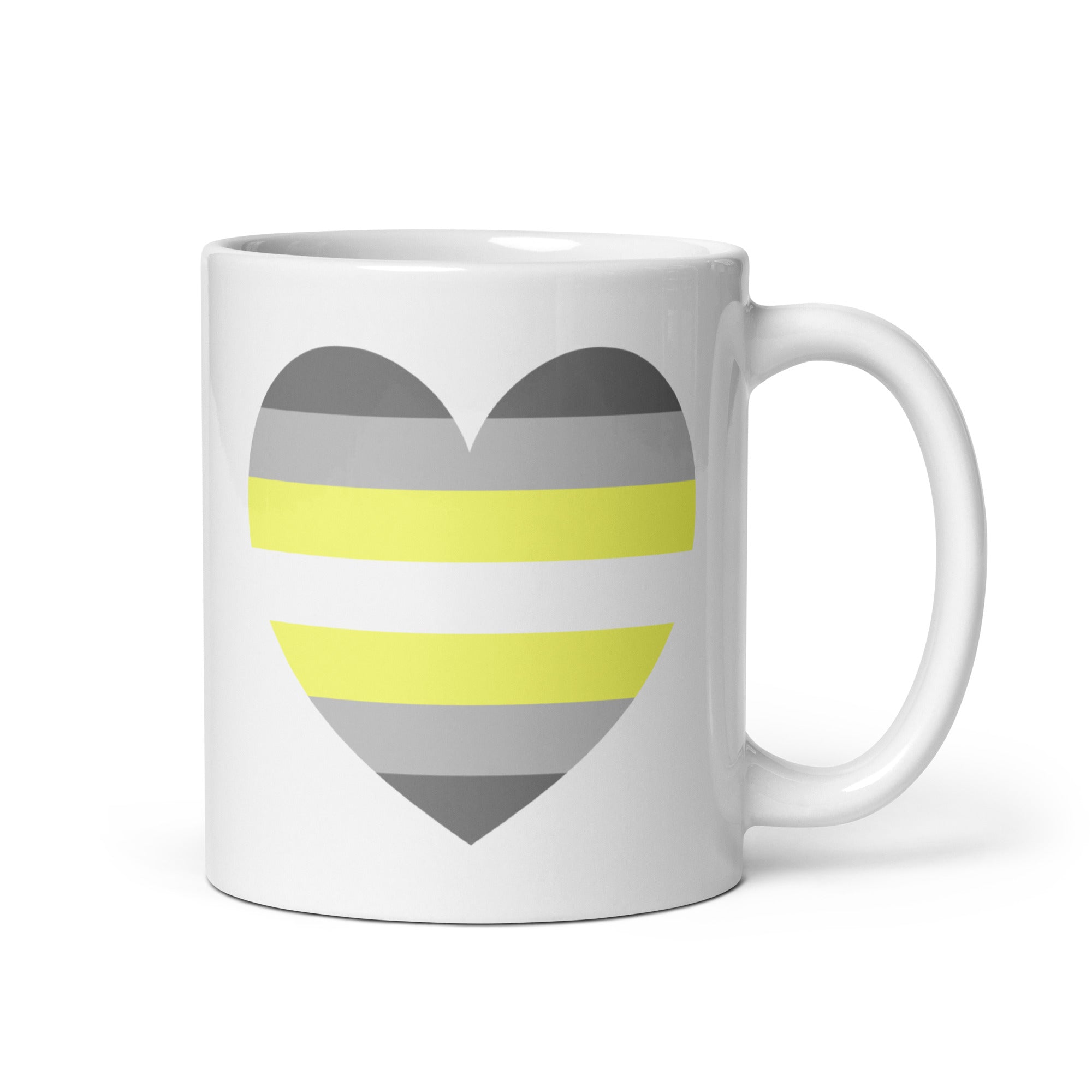 Introducing the Demigender Heart Mug by Pridelity - a stunning white mug featuring a heart design with horizontal stripes in gray, yellow, and white tones, symbolizing the agender pride flag. This standout piece from our Pride Collections prominently showcases the heart on its side, making it an ideal addition to your Pride merchandise.