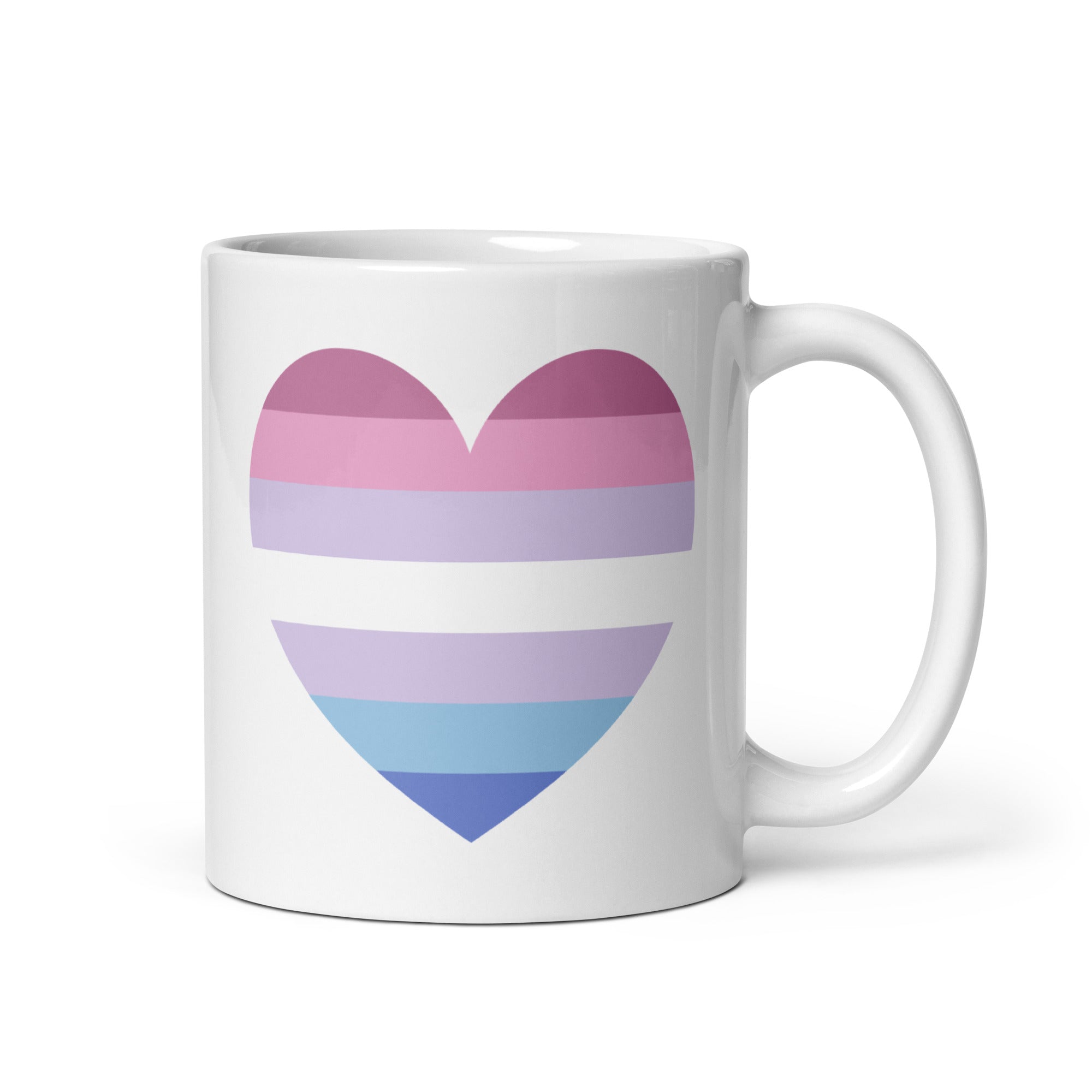 The Bigender Heart Mug by Pridelity is a white mug adorned with a heart design that has horizontal stripes in shades of pink, purple, and blue, celebrating Pride.