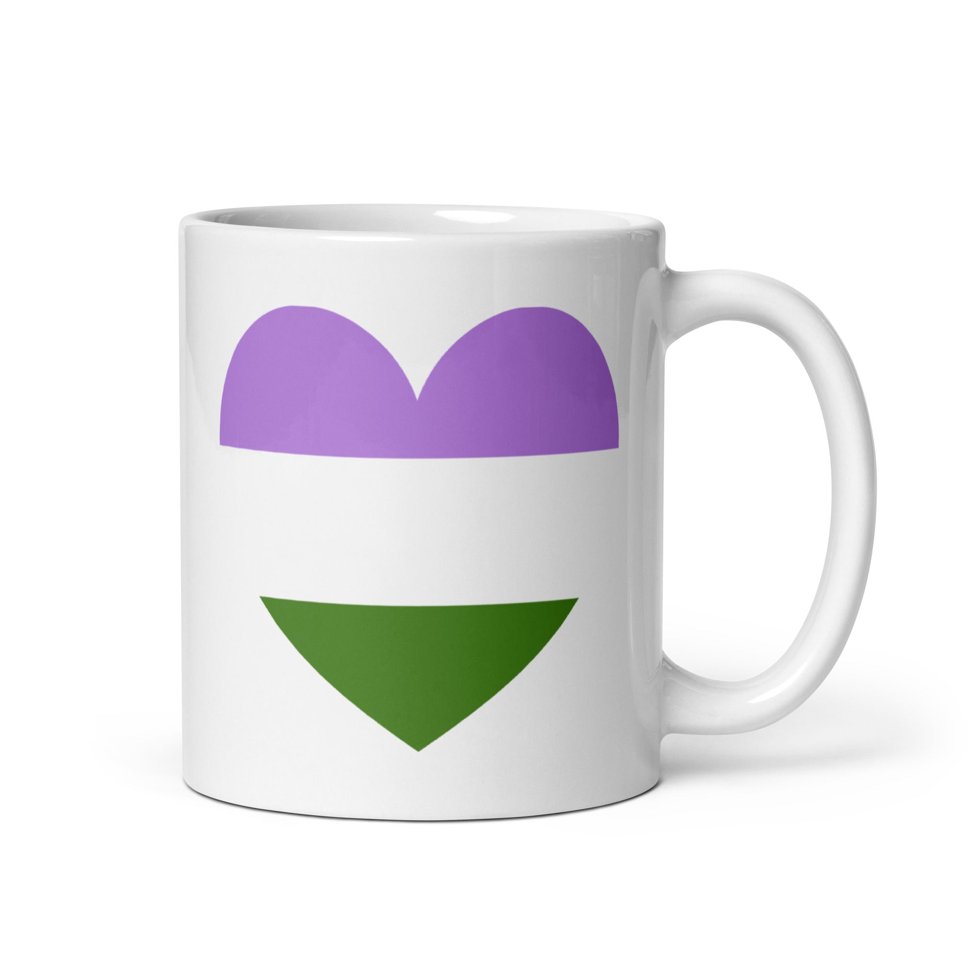 Introducing the Genderqueer Heart Mug by Pridelity, a standout piece from the best pride collections of 2025. This white mug features a heart design adorned with horizontal stripes in purple, white, and green, symbolizing the genderqueer pride flag.