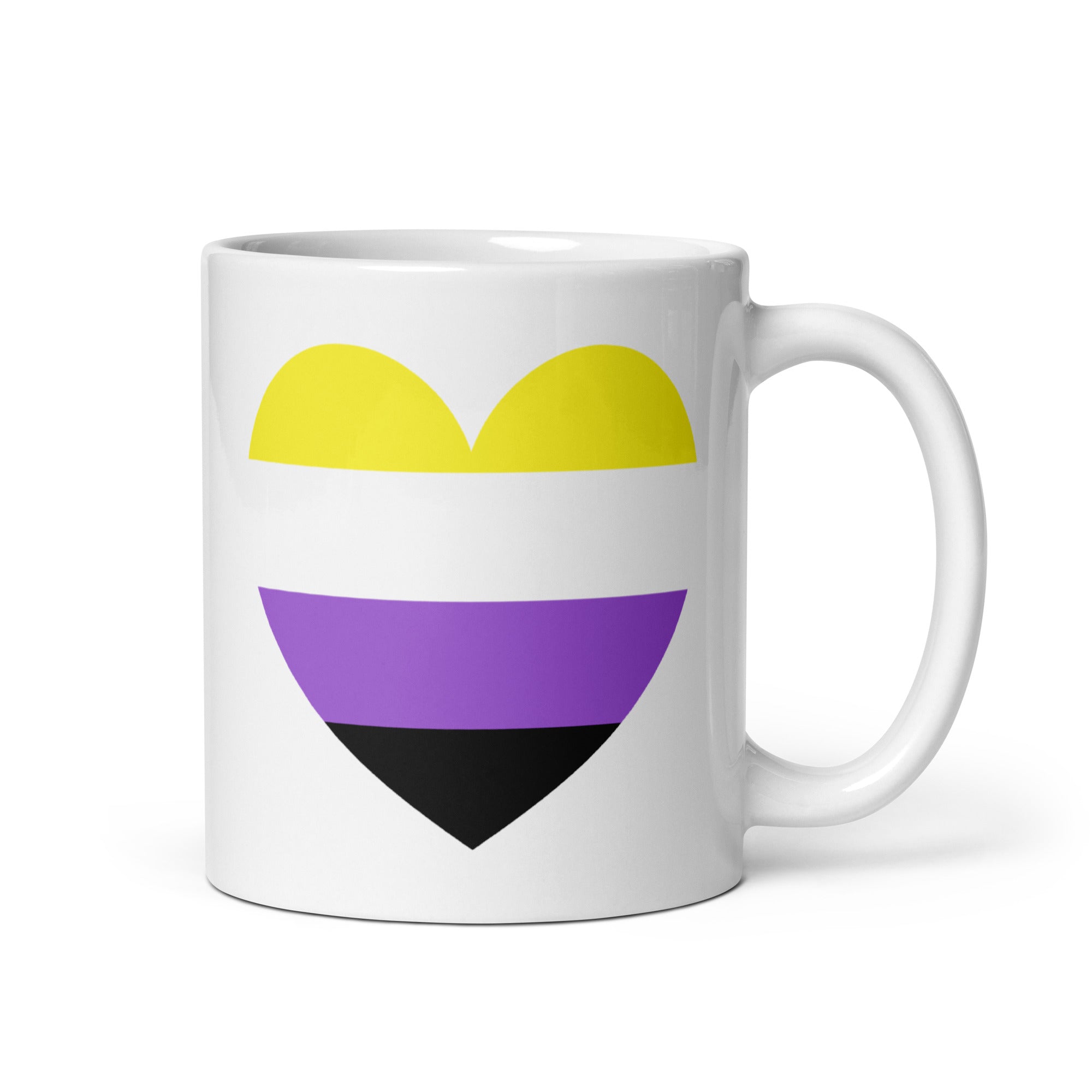 The Pridelity Nonbinary Heart Mug is a white mug showcasing a heart-shaped design with horizontal stripes in yellow, white, purple, and black, proudly part of the Pride Collections 2025.