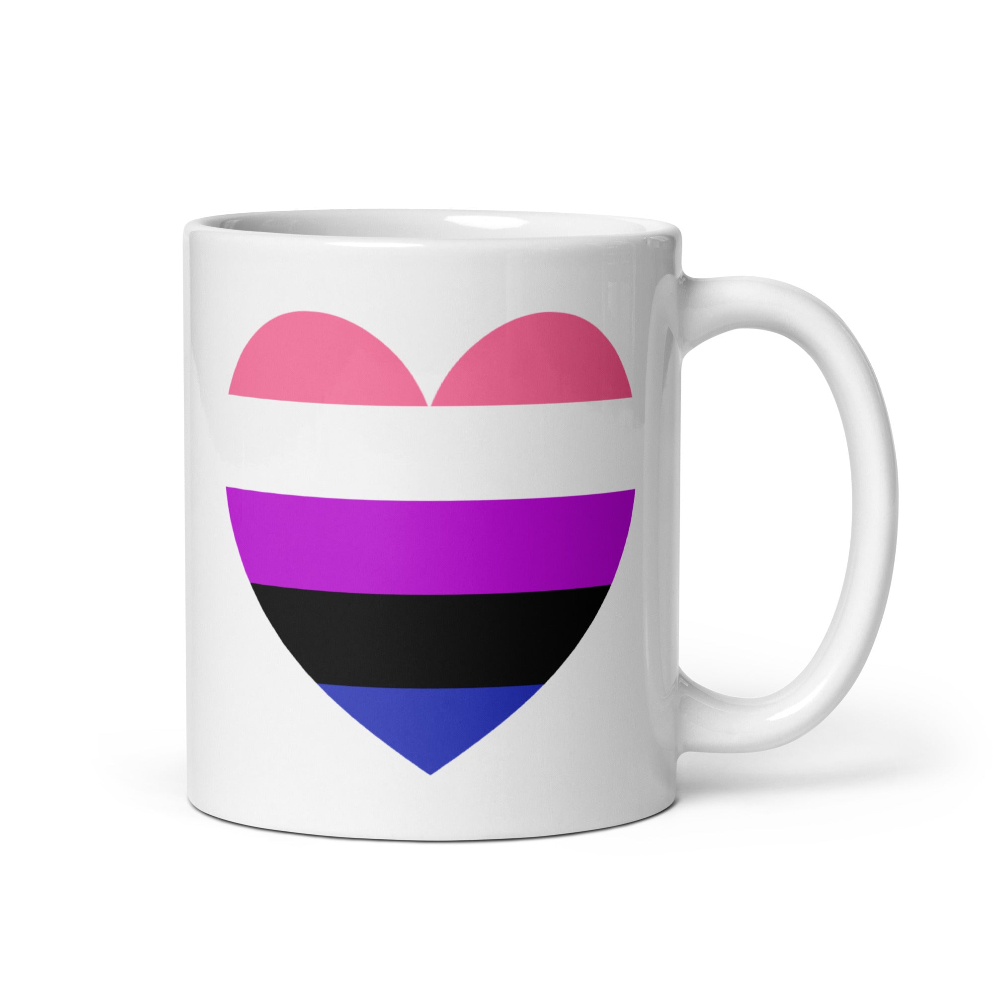 The Genderfluid Heart Mug by Pridelity is a standout piece from the best pride collections of 2025, featuring a heart-shaped design adorned with horizontal stripes in pink, white, purple, black, and blue.