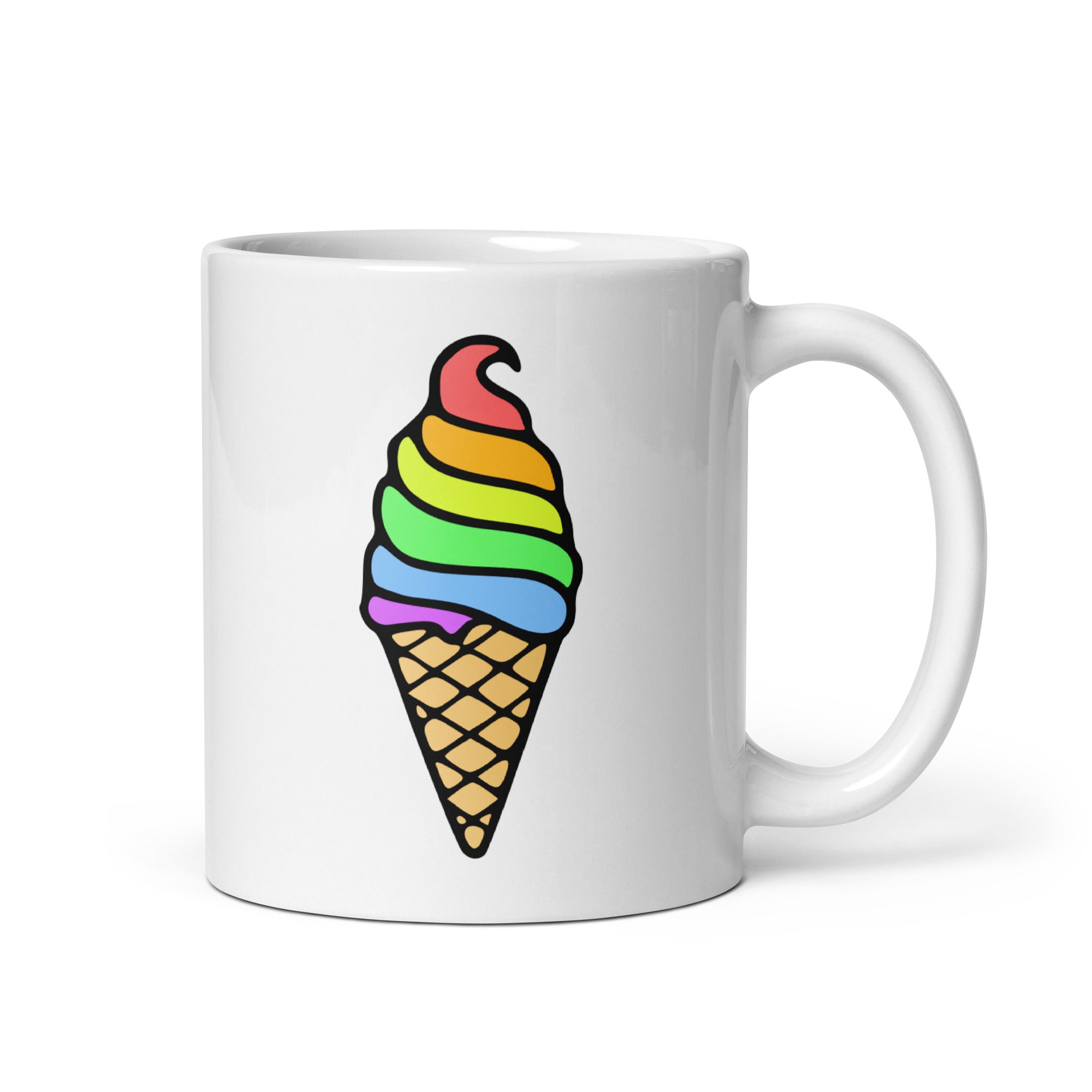 The Ice Cream Pride Mug by Pridelity from the top Pride collections of 2025 showcases a lively ice cream cone design adorned with rainbow swirls on its front. Set against a plain white background, this mug beautifully accentuates its colorful allure.