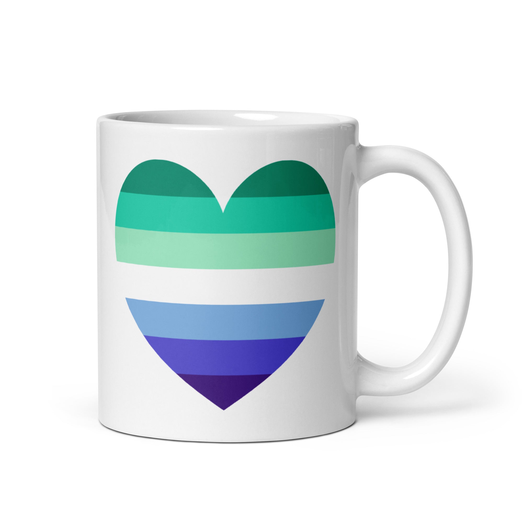 Introducing the Gay Men Heart Mug by Pridelity, a standout piece from the best pride collections 2025. This white mug features a striking heart design composed of horizontal stripes in shades of green and blue on its side, with the handle conveniently located on the right.