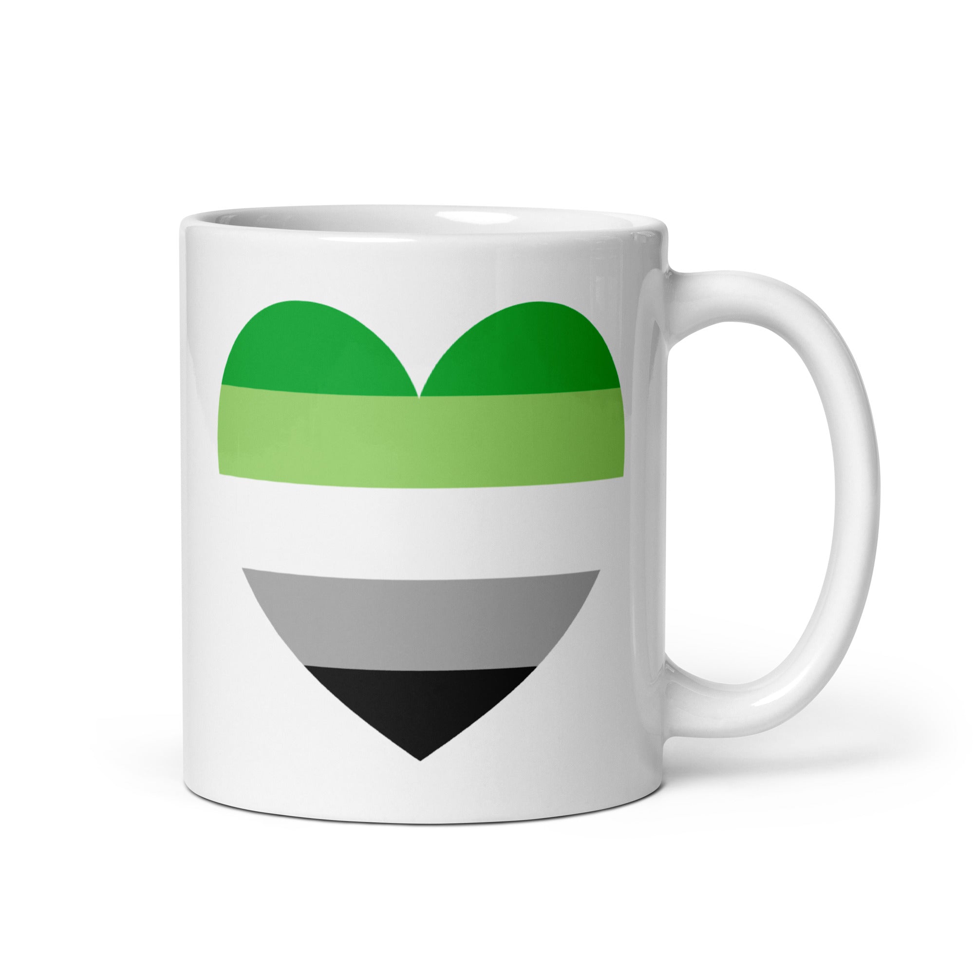 Explore our Pride Collections with the Aromantic Heart Mug by Pridelity. This white mug is adorned with a heart design featuring horizontal stripes in dark green, light green, white, gray, and black, beautifully celebrating the aromantic pride flag.