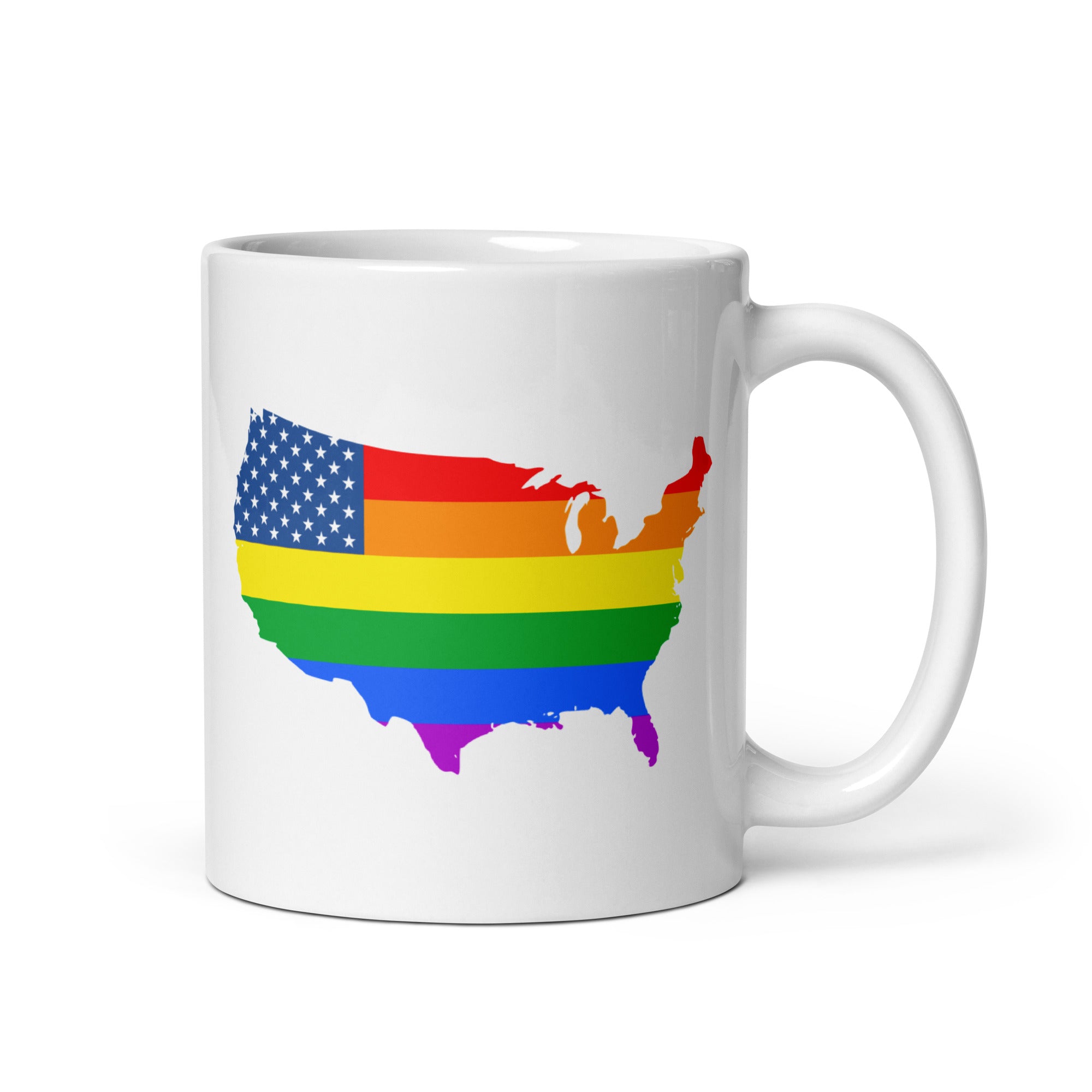 US Map Pride Mug by Pridelity, part of the Pride Collection 2025, showcases an outline of the United States adorned with a rainbow flag that harmoniously integrates stars and stripes with vivid rainbow colors.