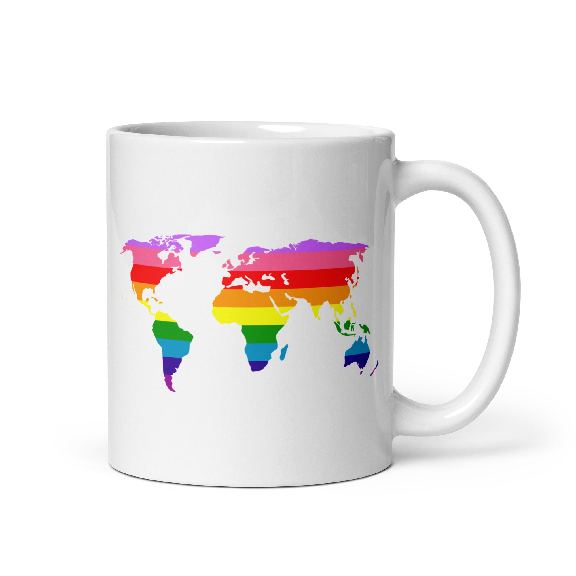 As part of Pridelity's Pride Collection 2025, the World Pride Mug features a world map design with continents adorned in rainbow stripes to symbolize LGBTQ+ pride. The mug's vibrant colors elegantly transition from red at the top to purple at the bottom.