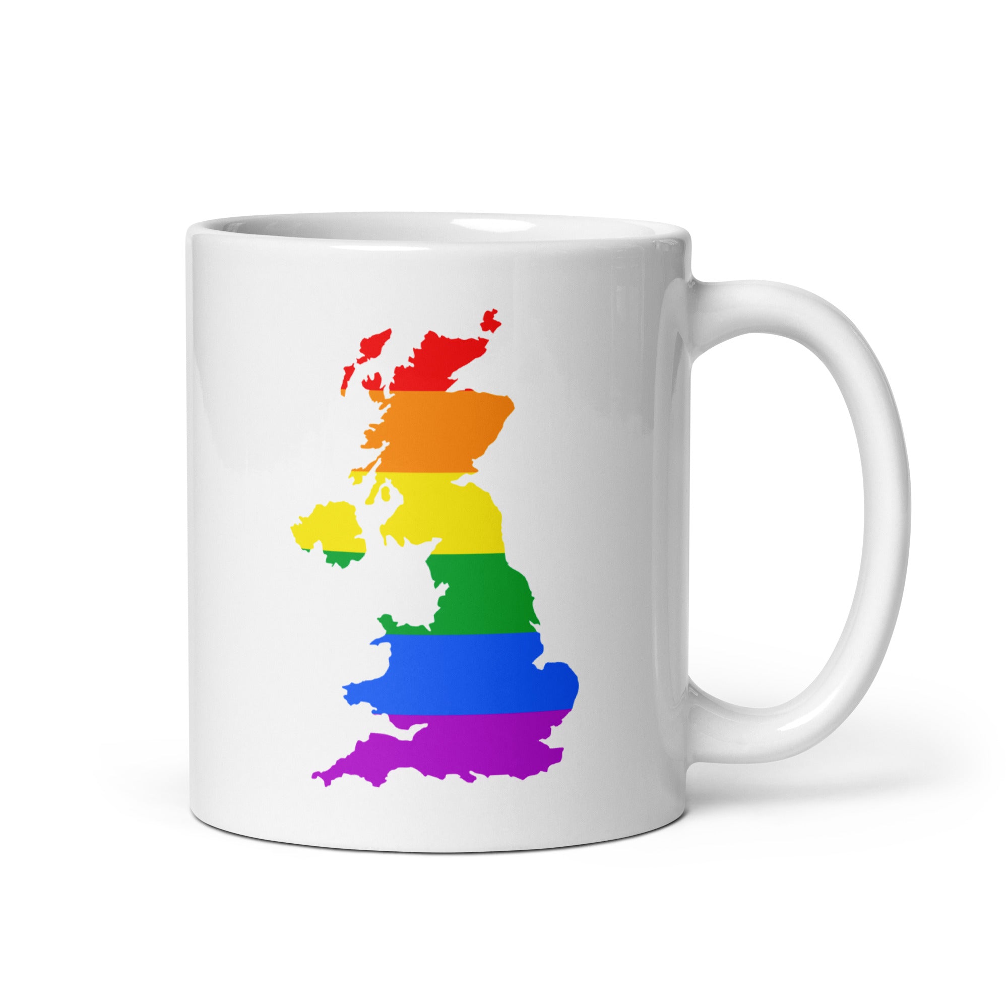 Introducing the British Isles Pride Mug by Pridelity, a white mug displaying a rainbow-colored silhouette of the United Kingdom that beautifully transitions from red to purple. As part of our exclusive Pride Collections, this vibrant piece is ideal for showing your support.