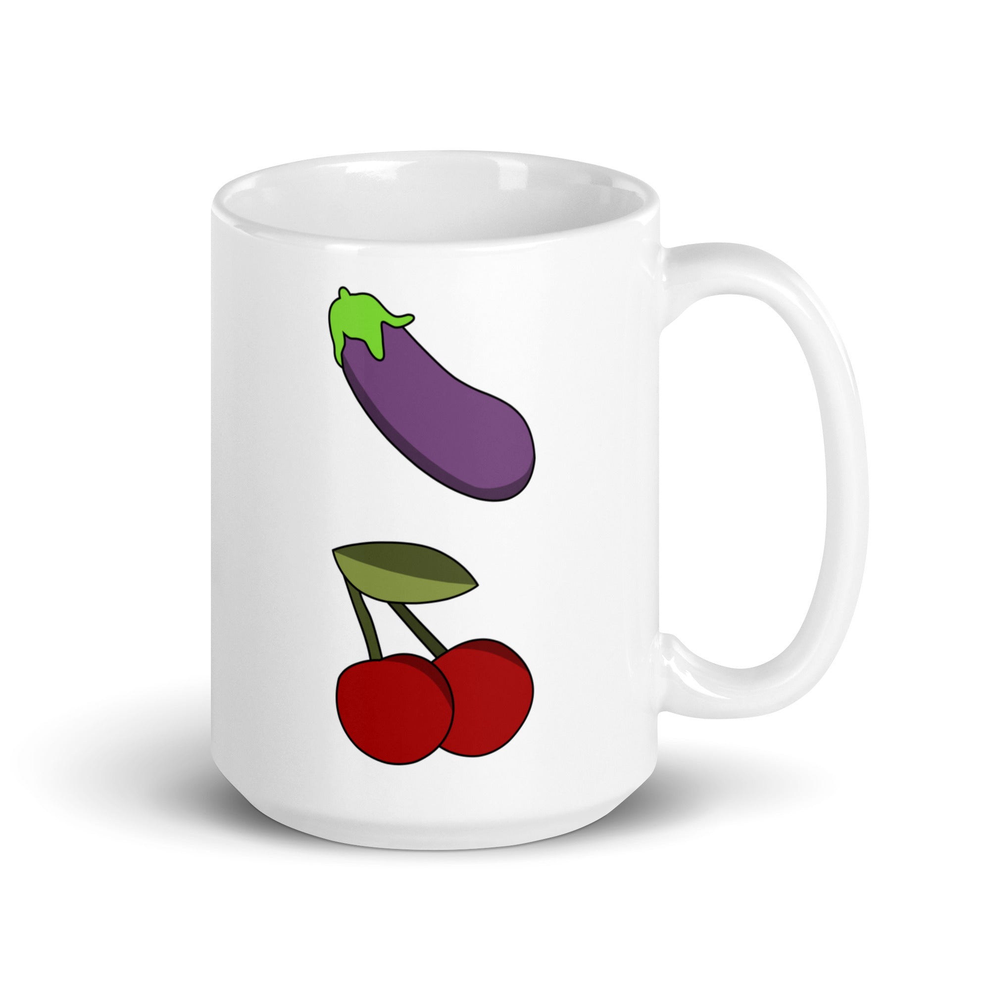 Yummy Emojis Mug by Pridelity from the Pride Collection 2025, showcasing a playful design with a cartoon eggplant and two cherries.