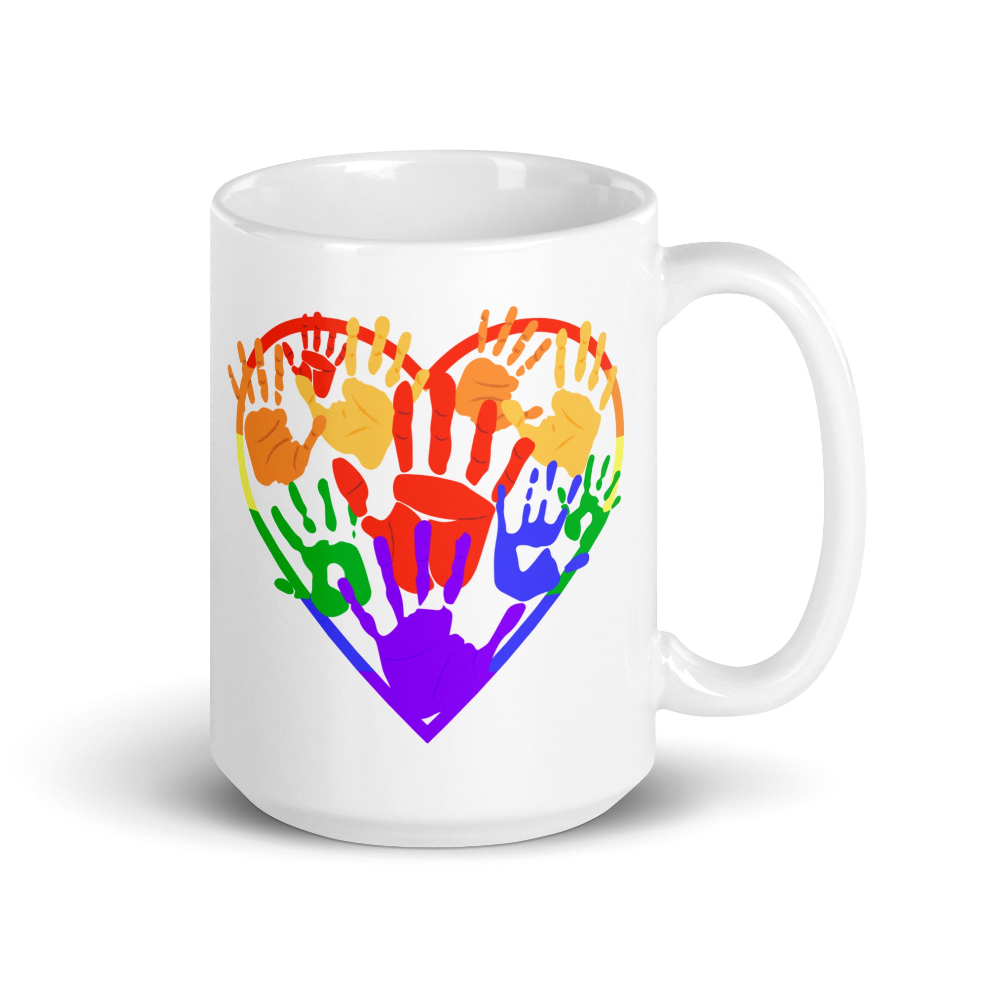 The Heart Hands Mug by Pridelity, part of the Best Pride Collections 2025, features a heart crafted from vibrant rainbow handprints, representing diversity and inclusion.