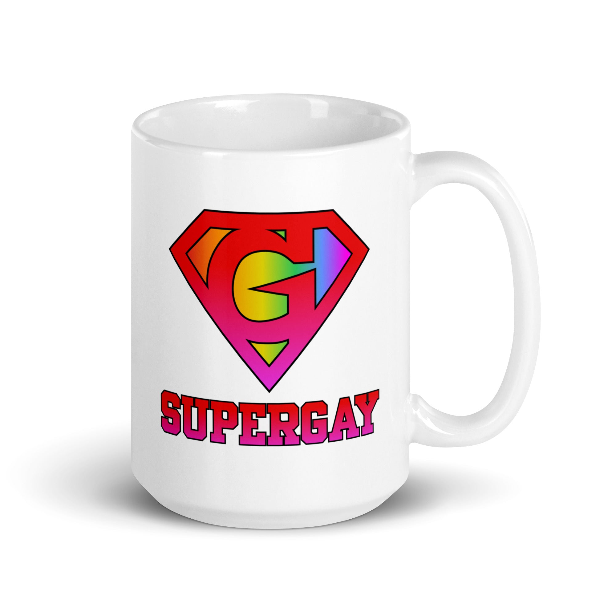 A white Supergay Mug from Pridelity's Pride Collections 2025, showcasing a rainbow-colored emblem resembling a superhero logo with the word 