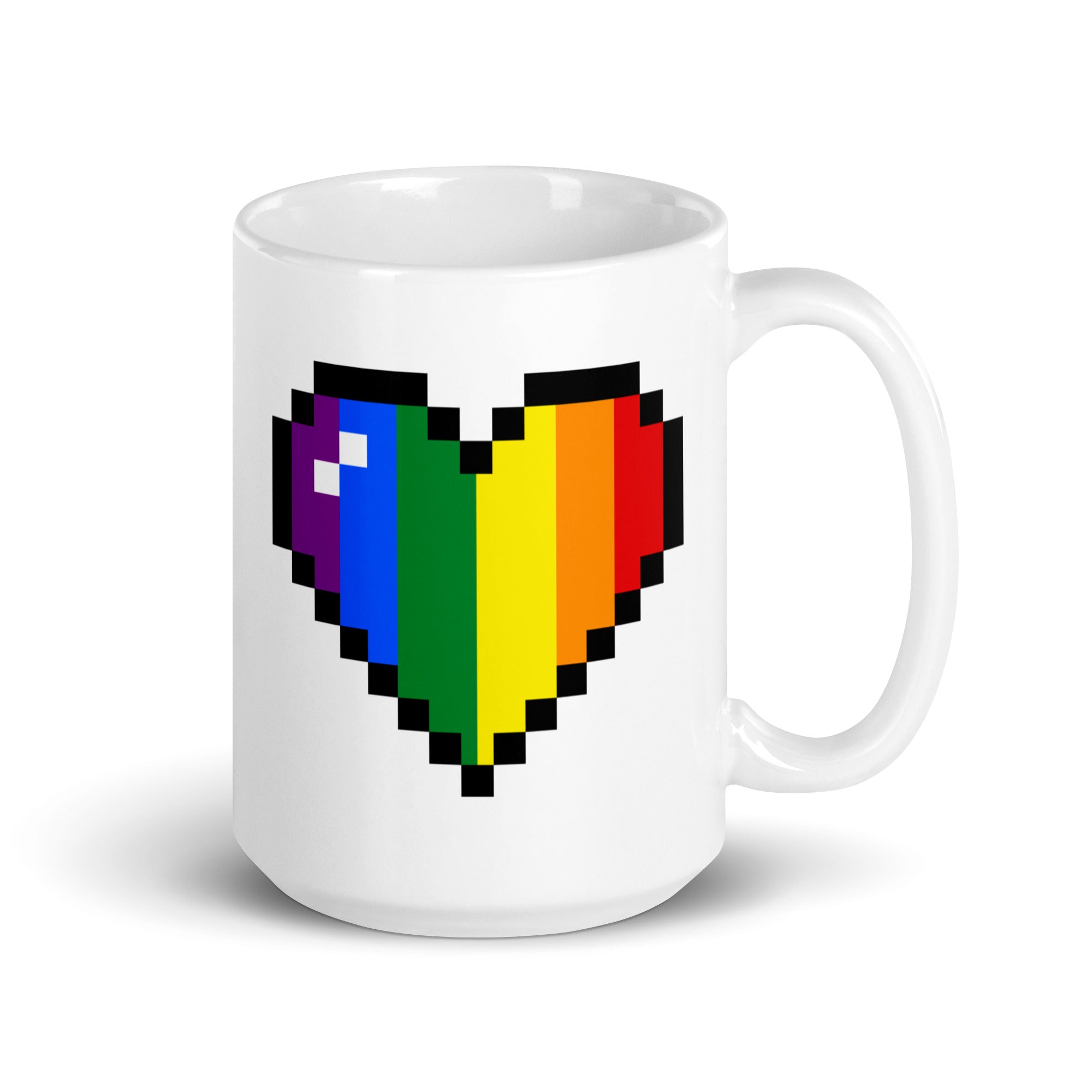 Introducing the Pixel Rainbow Mug from Pridelity's Pride Collections 2025, featuring a pixelated heart in vivid rainbow colors. This white mug showcases shades of purple, blue, green, yellow, orange, and red to symbolize diversity and inclusivity. Its simple yet classic design makes it a perfect celebration of unity.