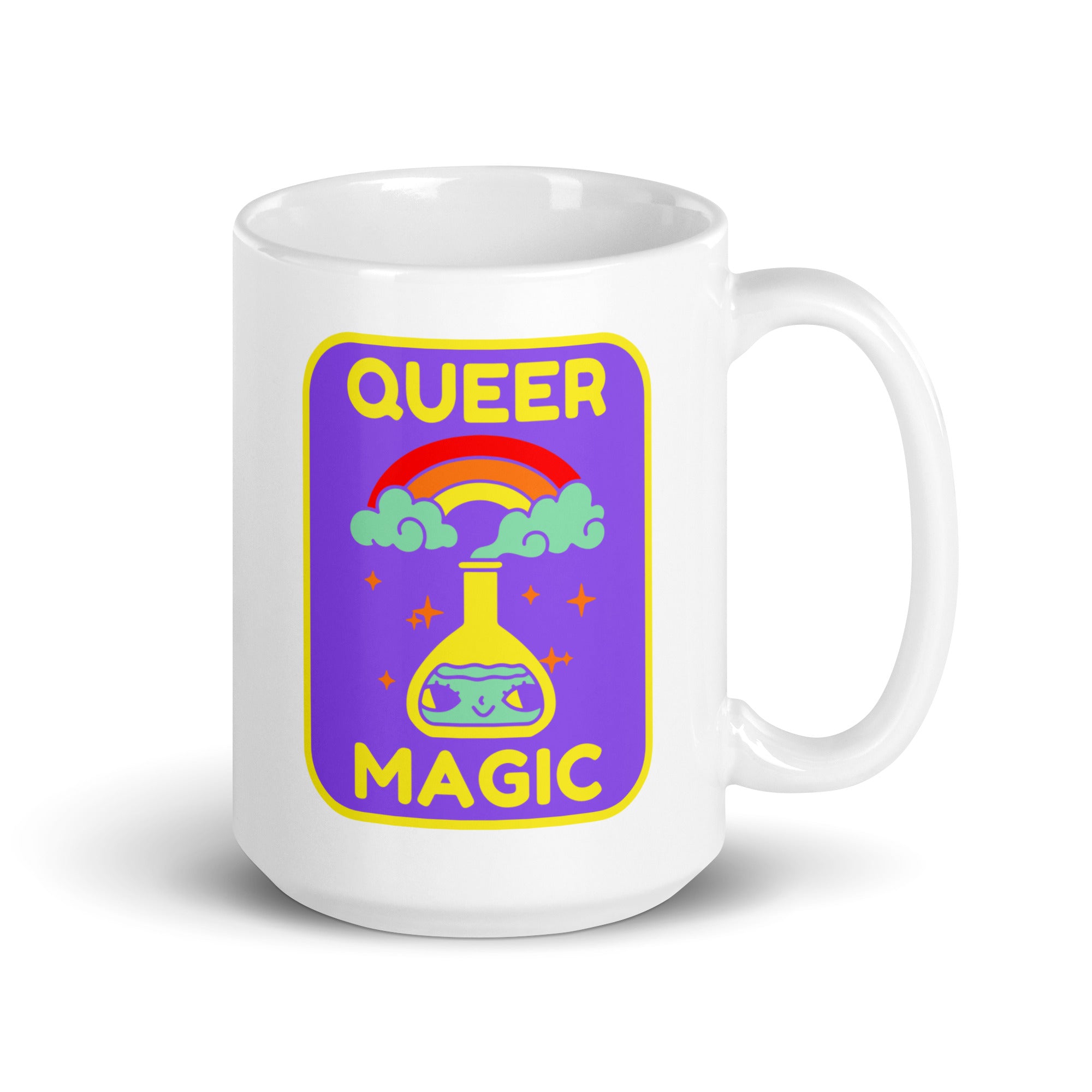 The Queer Magic Mug by Pridelity from the Pride Collection 2025 features a vibrant design. A purple backdrop highlights a flask adorned with a rainbow and clouds, emitting sparkles, while bold yellow letters spell out 